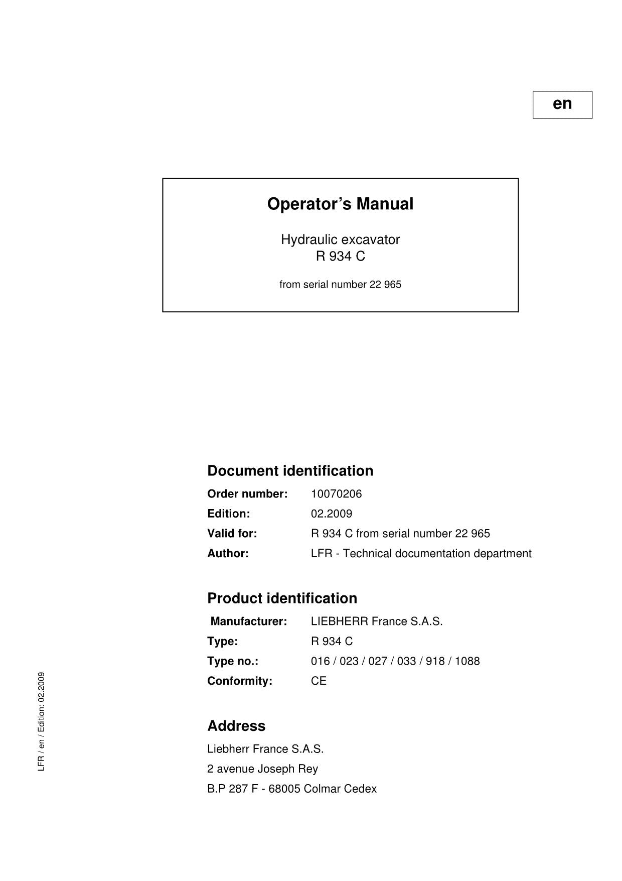 Manuel d'utilisation de la pelle Liebherr R934 C, numéro de série 22965