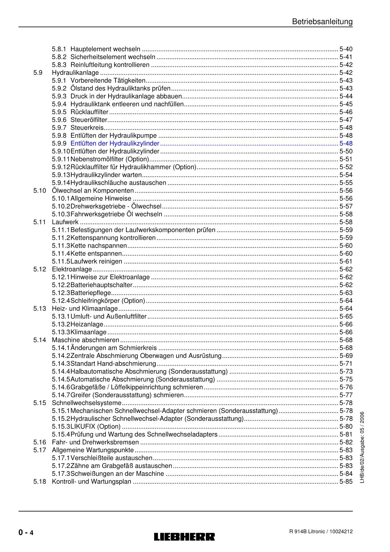 Liebherr R914B Litronic Hydraulikbagger Umschlaggerät Betriebsanleitung