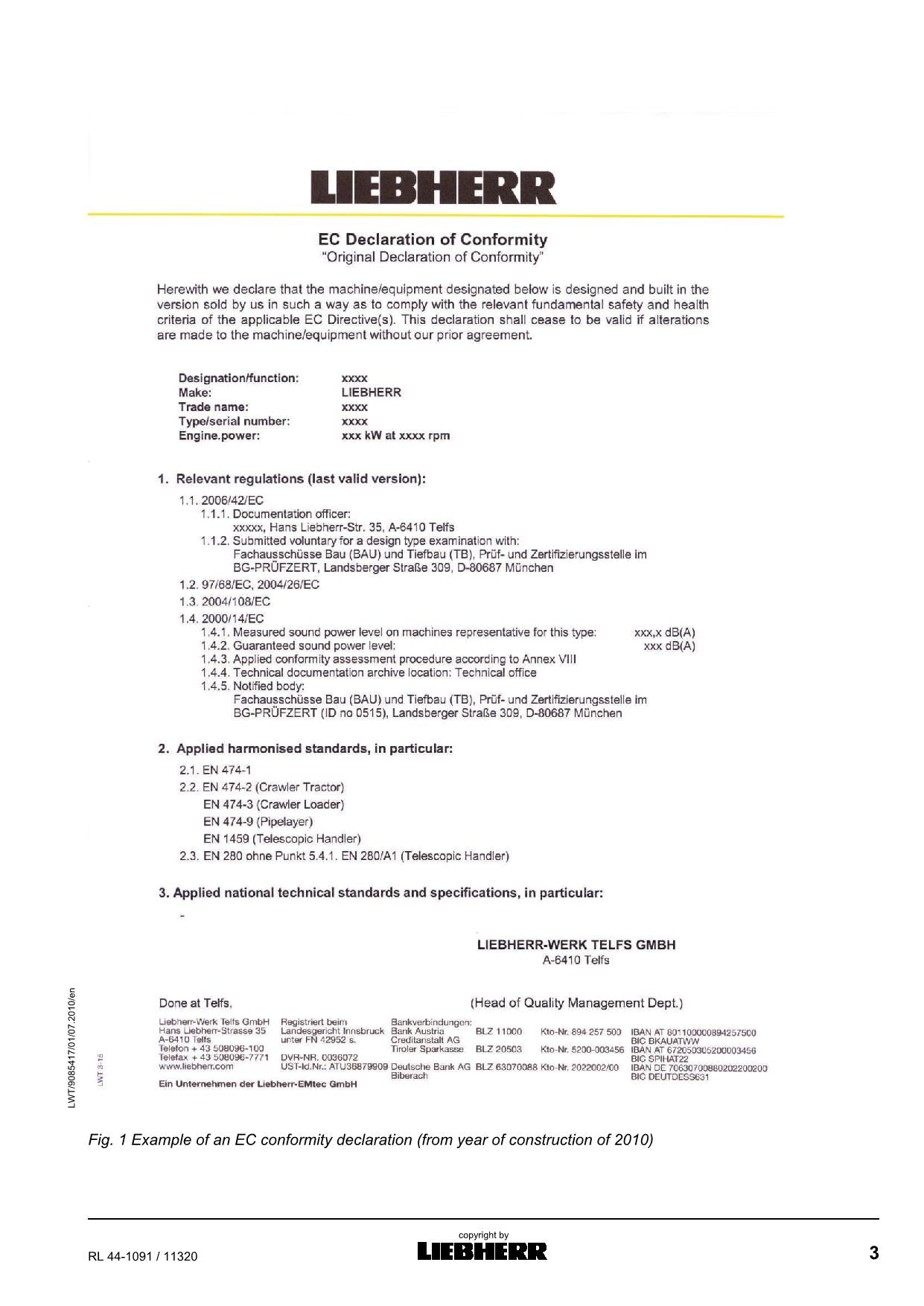 Manuel d'utilisation de la machine à poser les canalisations Liebherr RL44-1091, numéro de série 11320