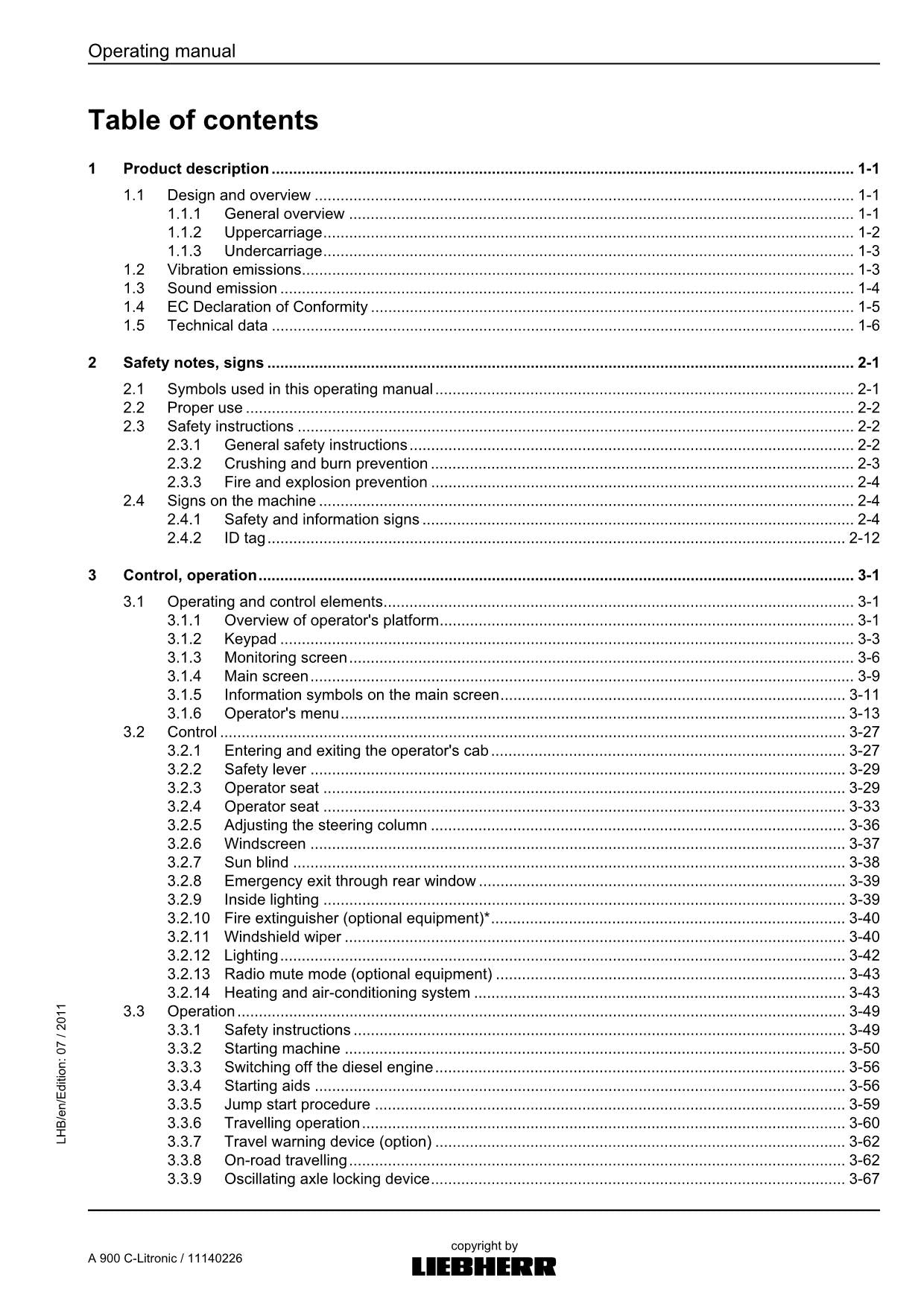 Liebherr A900 C-Litronic Excavator Operators manual