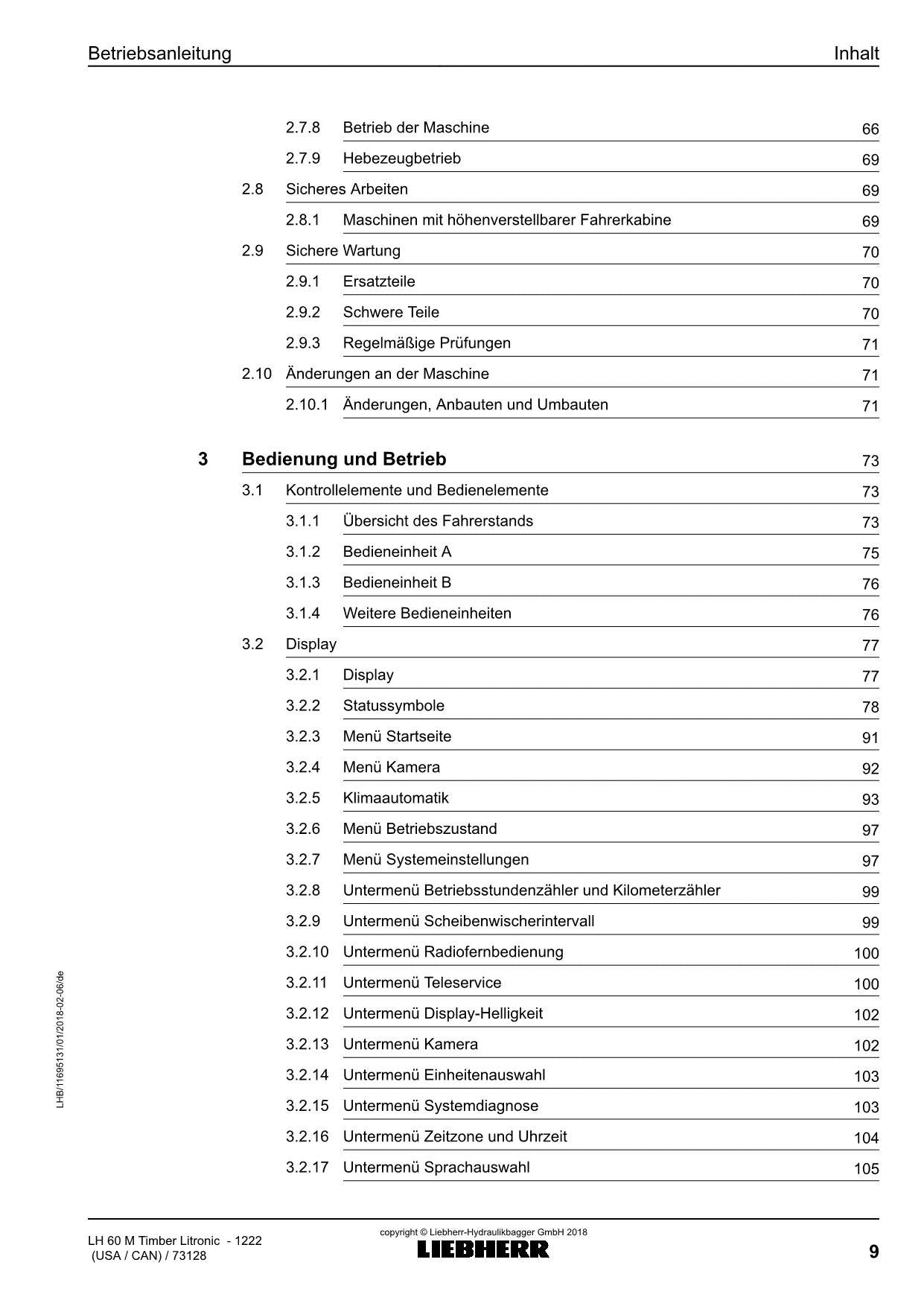 Liebherr LH60 M TimbeRLitronic Materialumschlaggerät Betriebsanleitung 1222 USA