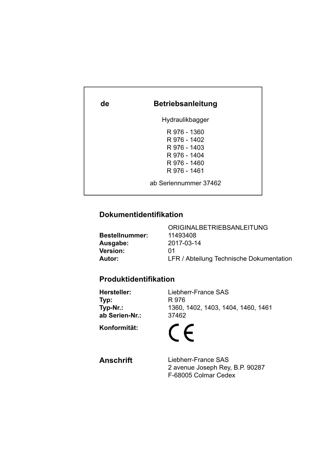 Liebherr R976 Hydraulikbagger Betriebsanleitung ser 37462