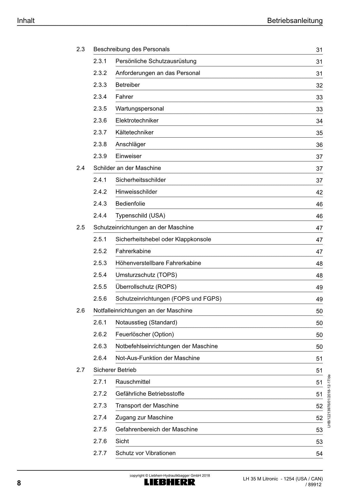 Liebherr LH35 M Litronic Materialumschlaggerät Betriebsanleitung Typ 154 ​​USA CAN
