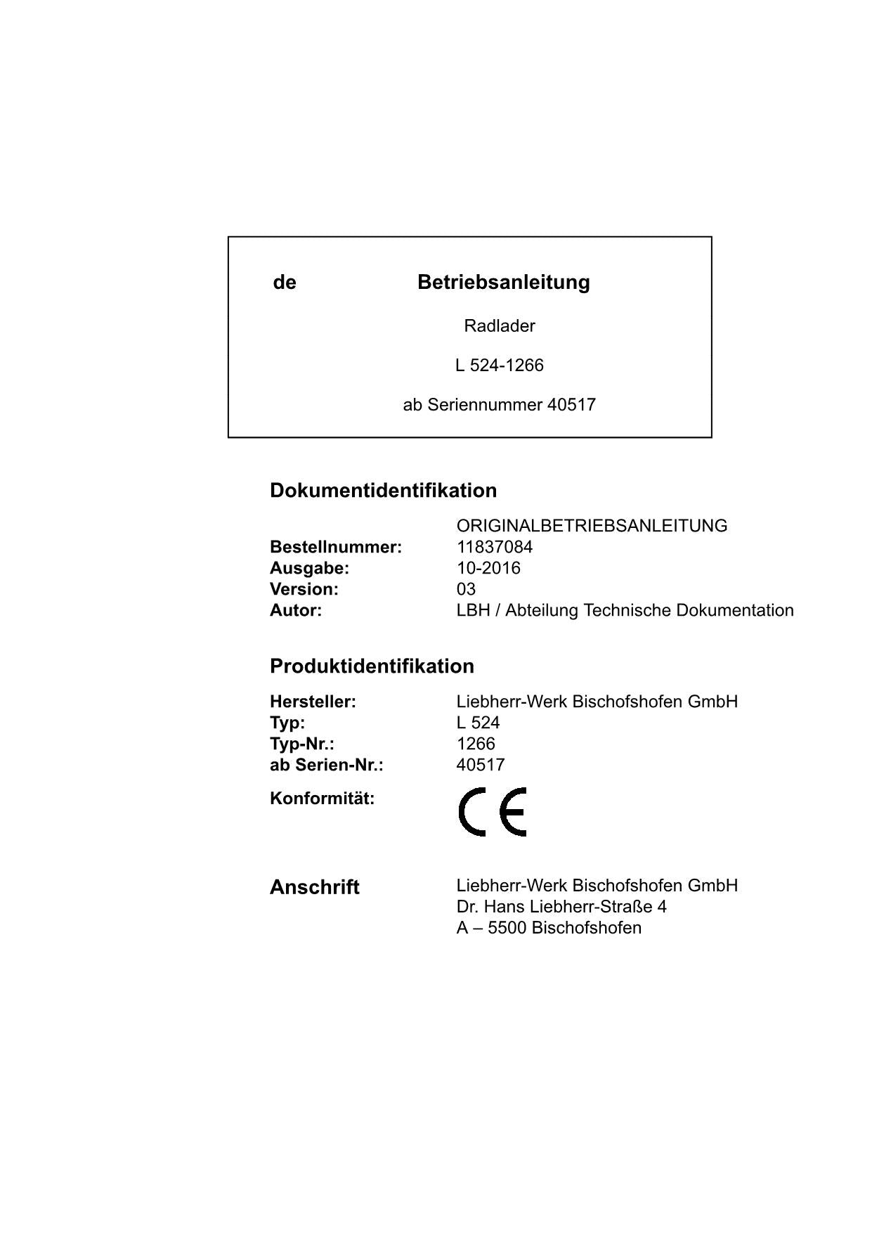 Liebherr L524 Radlader Betriebsanleitung ser 40517 typ 1266