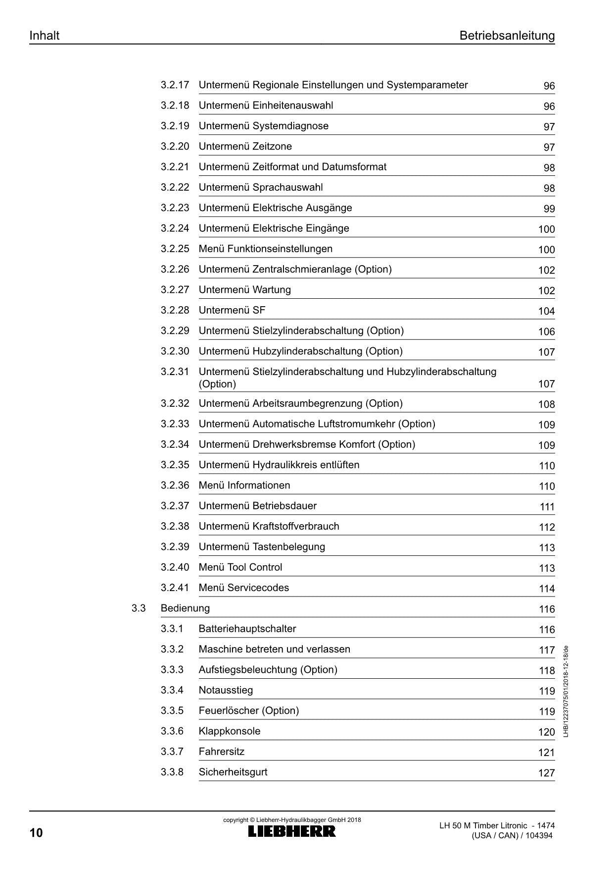 Liebherr LH50 M TimbeRLitronic Materialumschlaggerät Betriebsanleitung 1474 USA