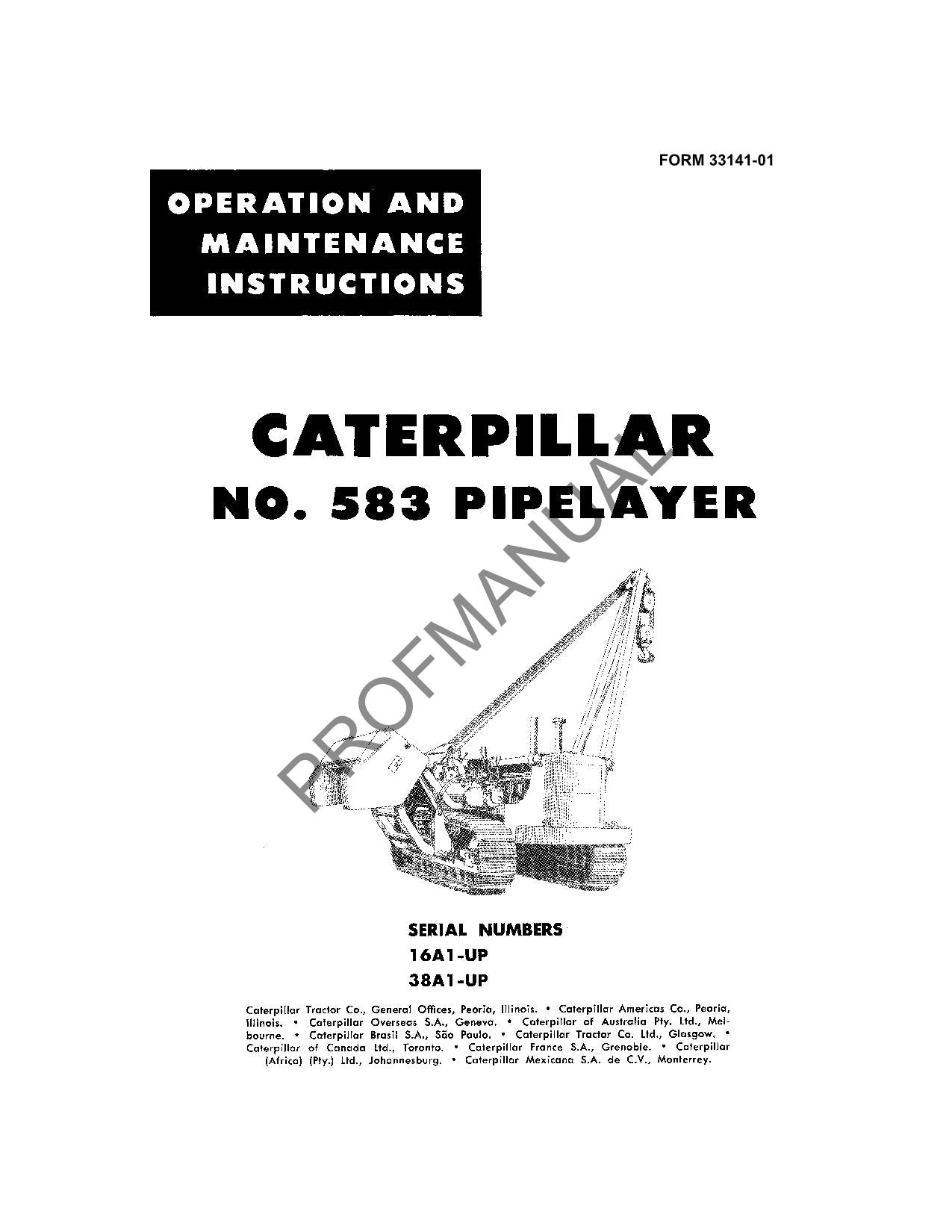 Caterpillar 583 Pipelayer Operators Maintenance Manual 16A1-Up 38A1-Up