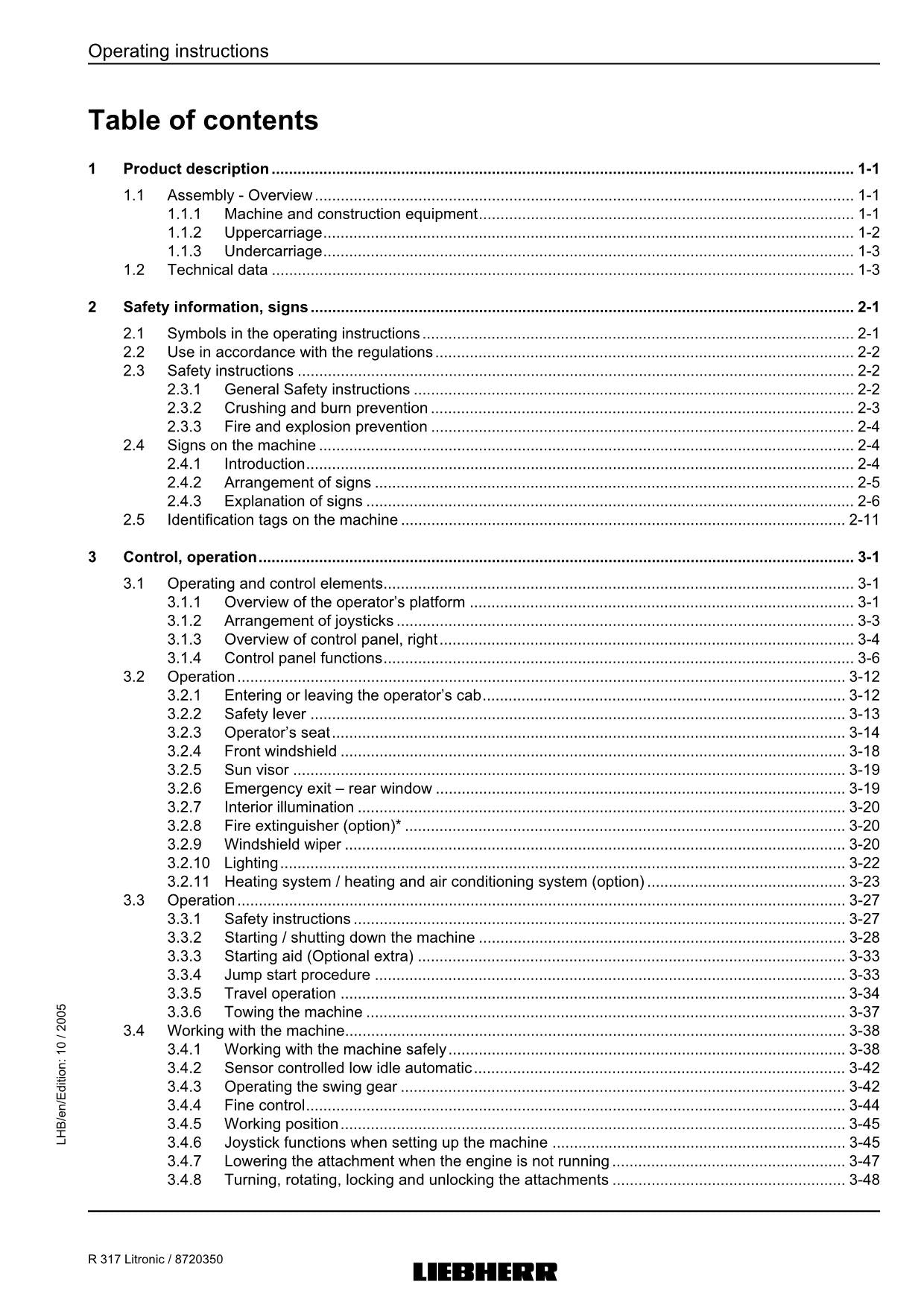 Liebherr R317 Litronic Excavator Operators manual serial 27000