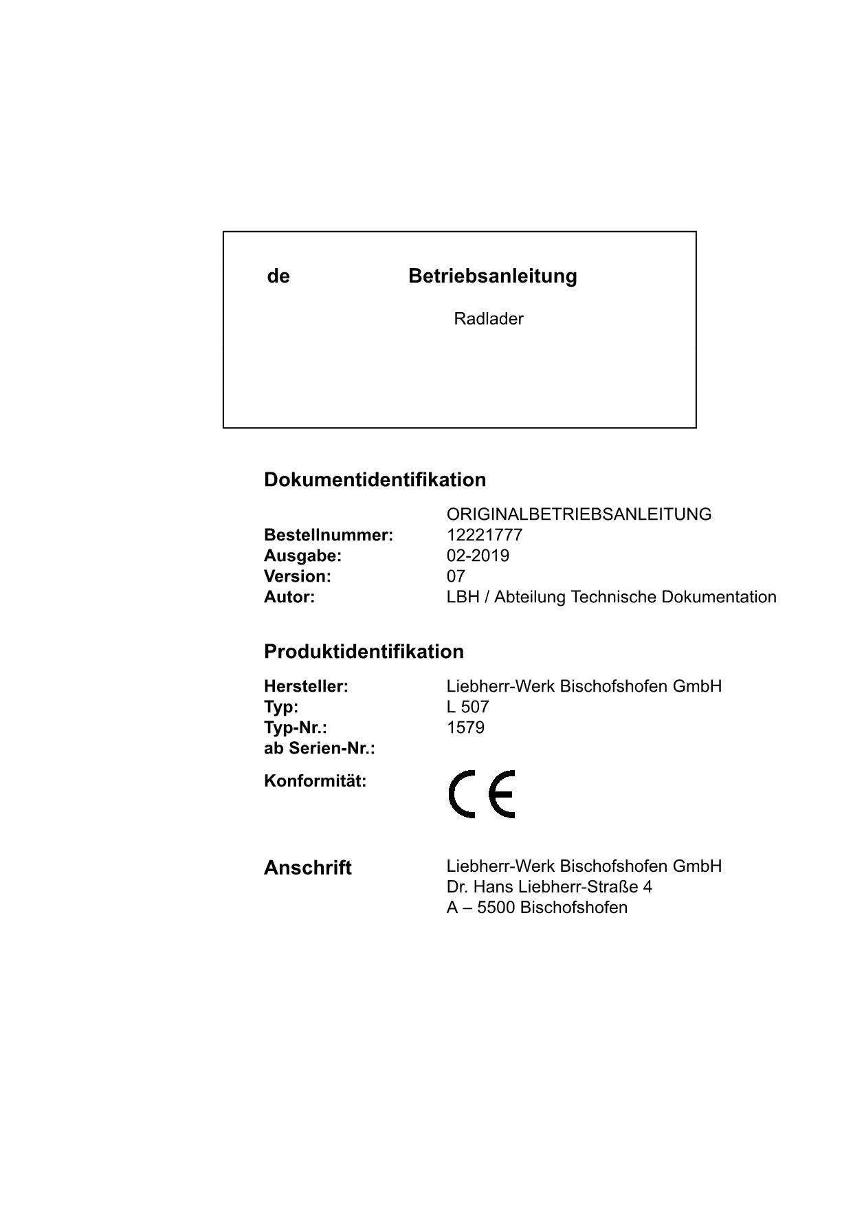 Liebherr L507 Radlader Betriebsanleitung ser 43578 typ 1579