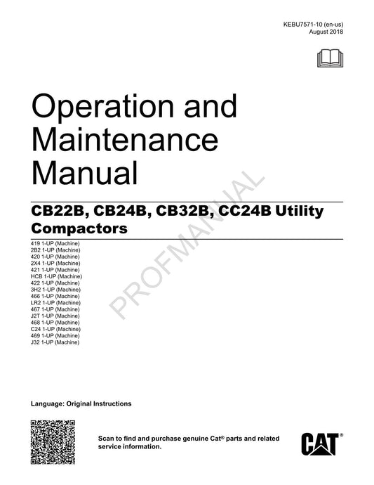 Caterpillar CB22B CB24B CC24B CB32B Utility Compactor Operators Manual