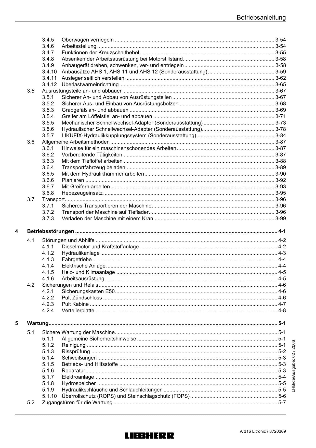 Liebherr A316 Litronic Hydraulikbagger Betriebsanleitung ser 715/28061
