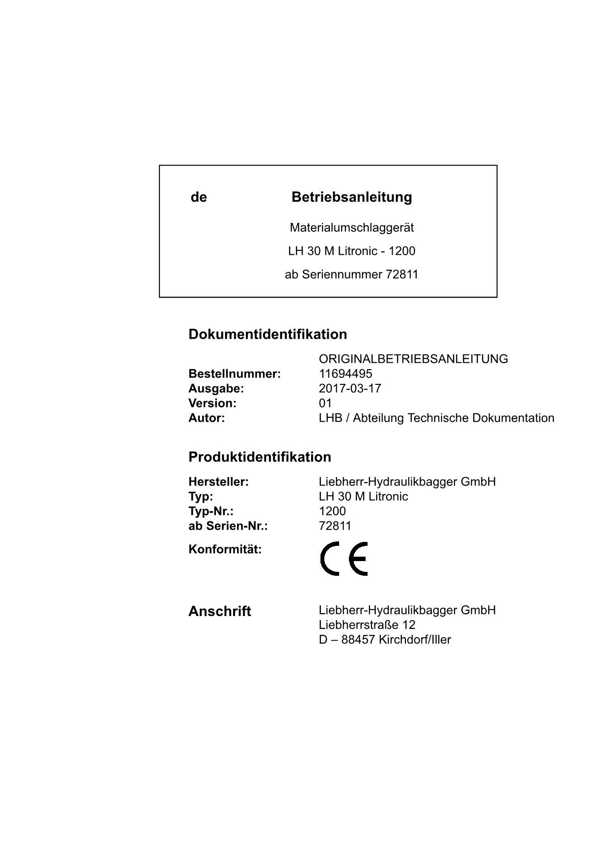 Liebherr LH30 M Litronic Materialumschlaggerät Betriebsanleitung type 1200