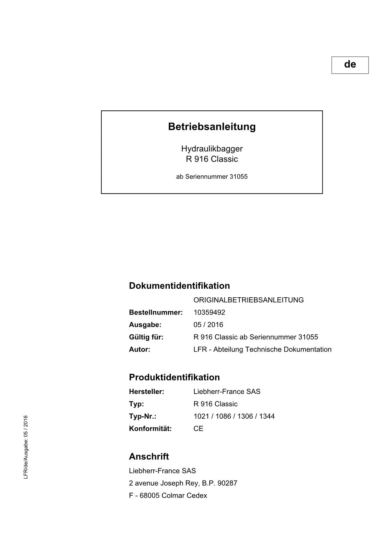 Liebherr R916 Hydraulikbagger Betriebsanleitung ser 31055