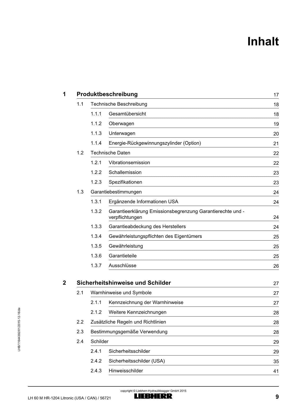 Liebherr LH60 M HRLitronic USACAN Materialumschlaggerät Betriebsanleitung