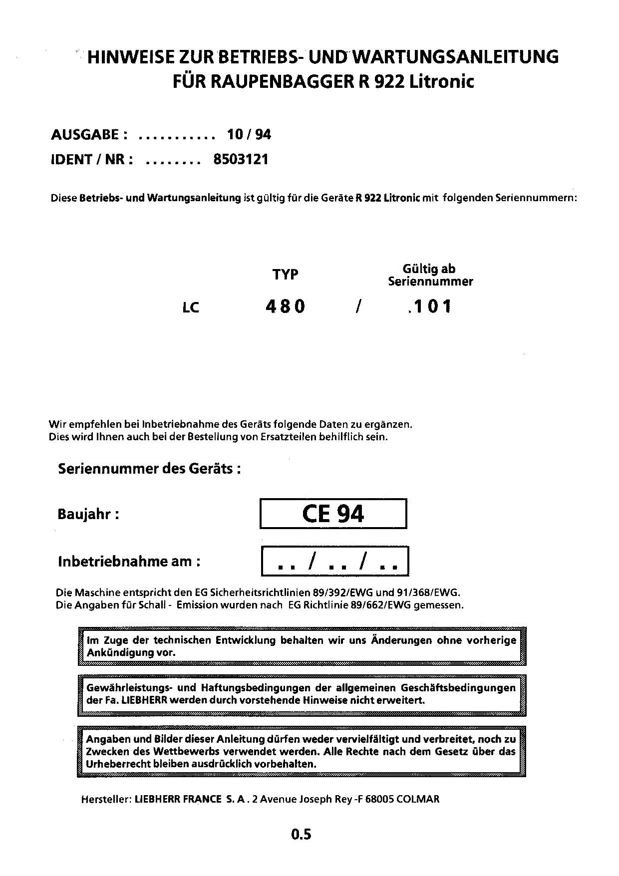 Liebherr R922 Litronic Hydraulikbagger Manuel d'instructions 8503121