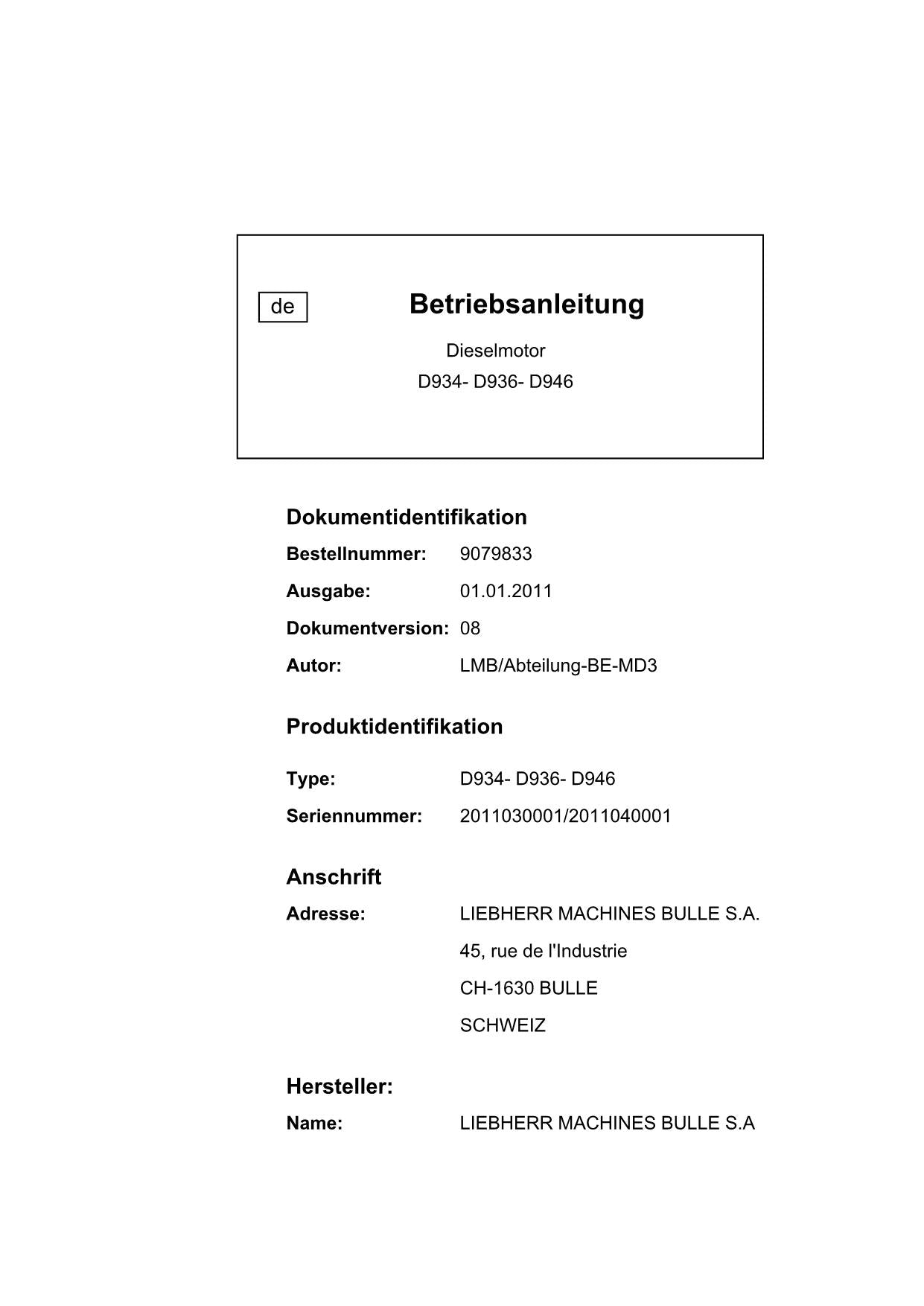 Liebherr D934 D936 D946 Moteur diesel Manuel d'instructions