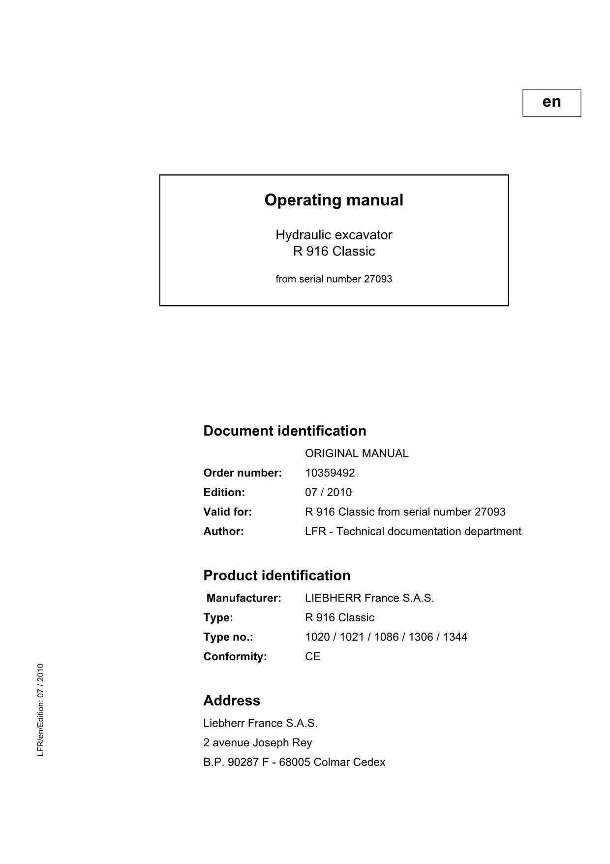 Liebherr R916 Classic Excavator Operators manual serial 27093