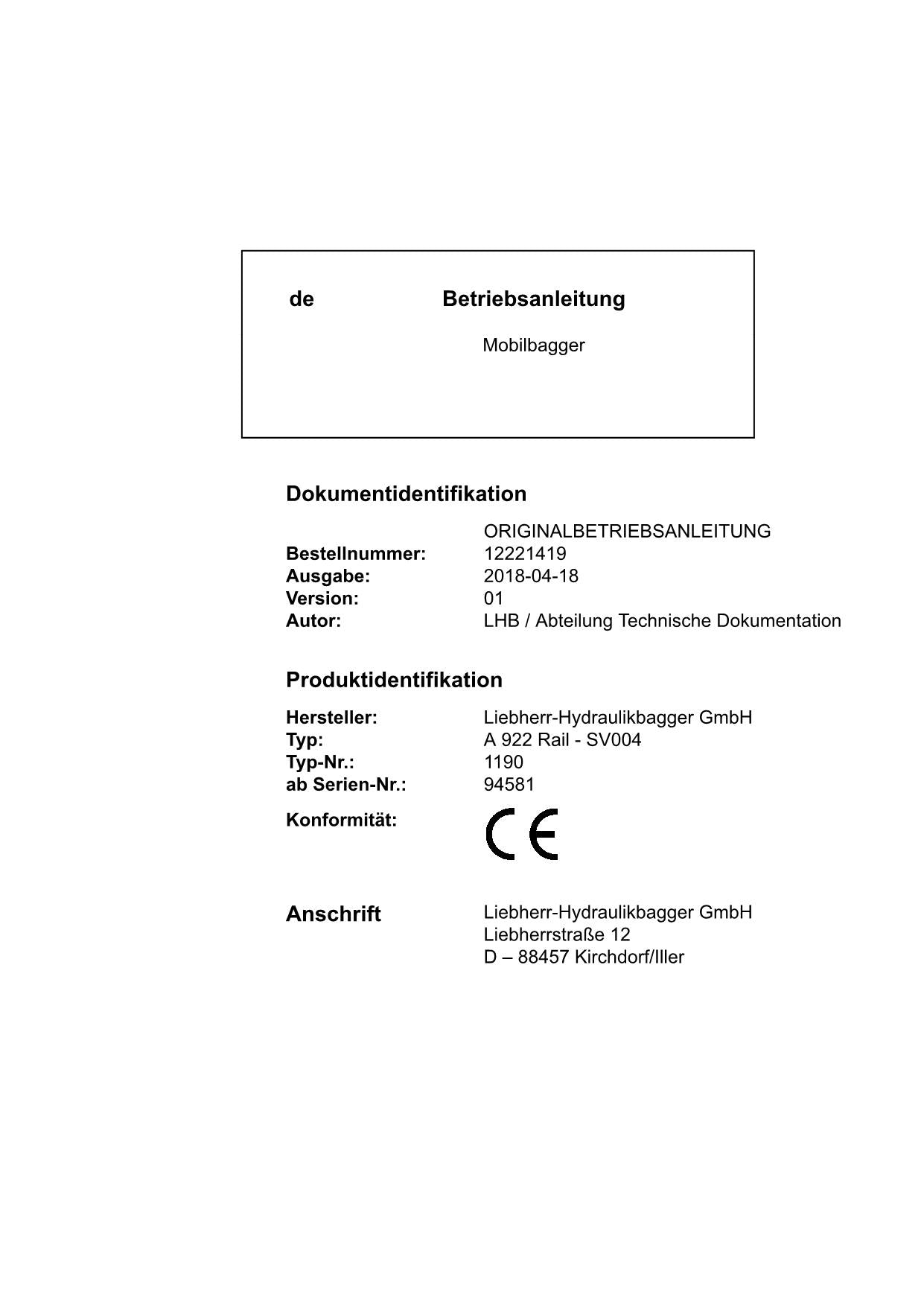 Liebherr A922 Rail SV004 Mobilbagger Betriebsanleitung