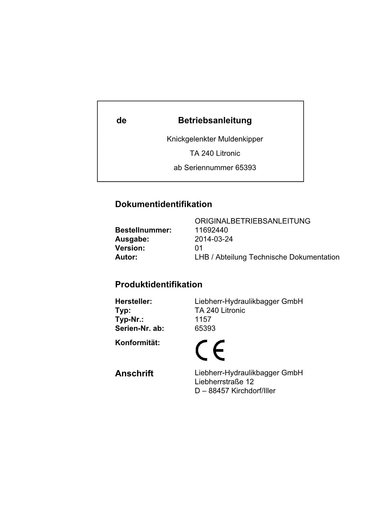 Liebherr TA240 Litronic Knickgelenkter Muldenkipper Betriebsanleitung