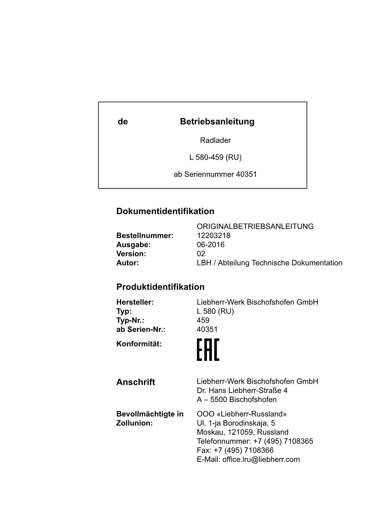 Liebherr L580 RU Radlader Betriebsanleitung ser 40351