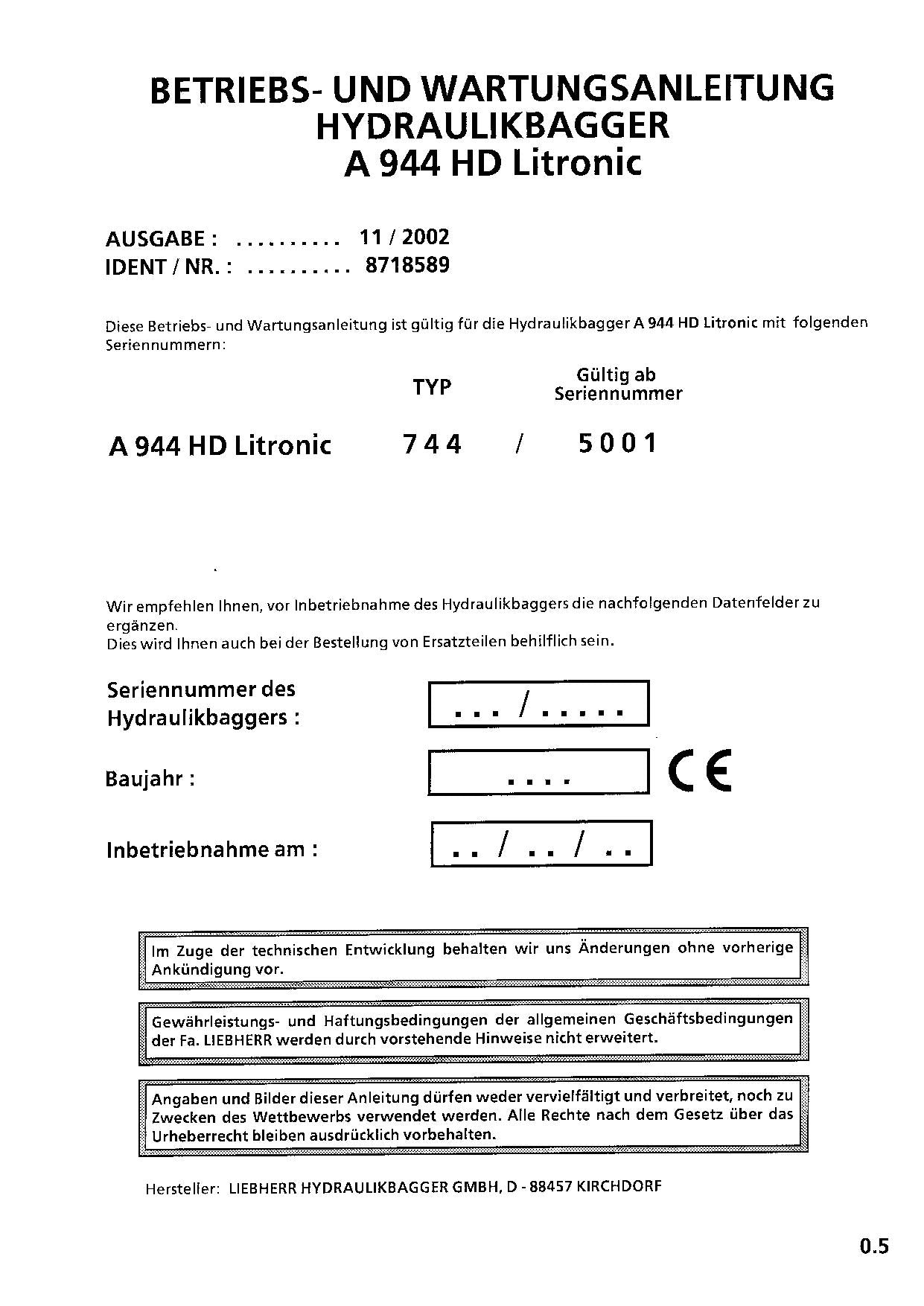 Liebherr A944 HD Litronic Hydraulikbagger Betriebsanleitung ser 5001