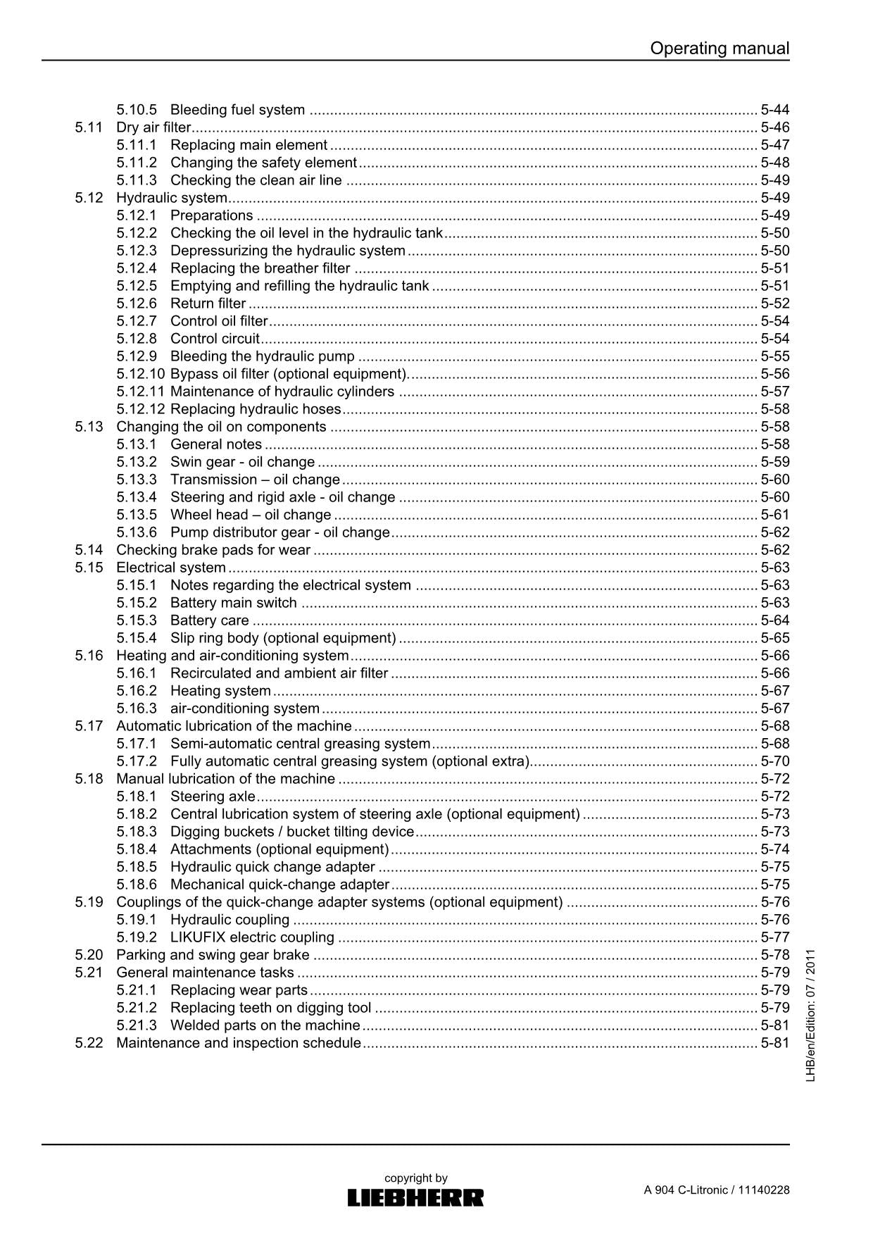 Liebherr A904 C-Litronic Excavator Operators manual serial 1005