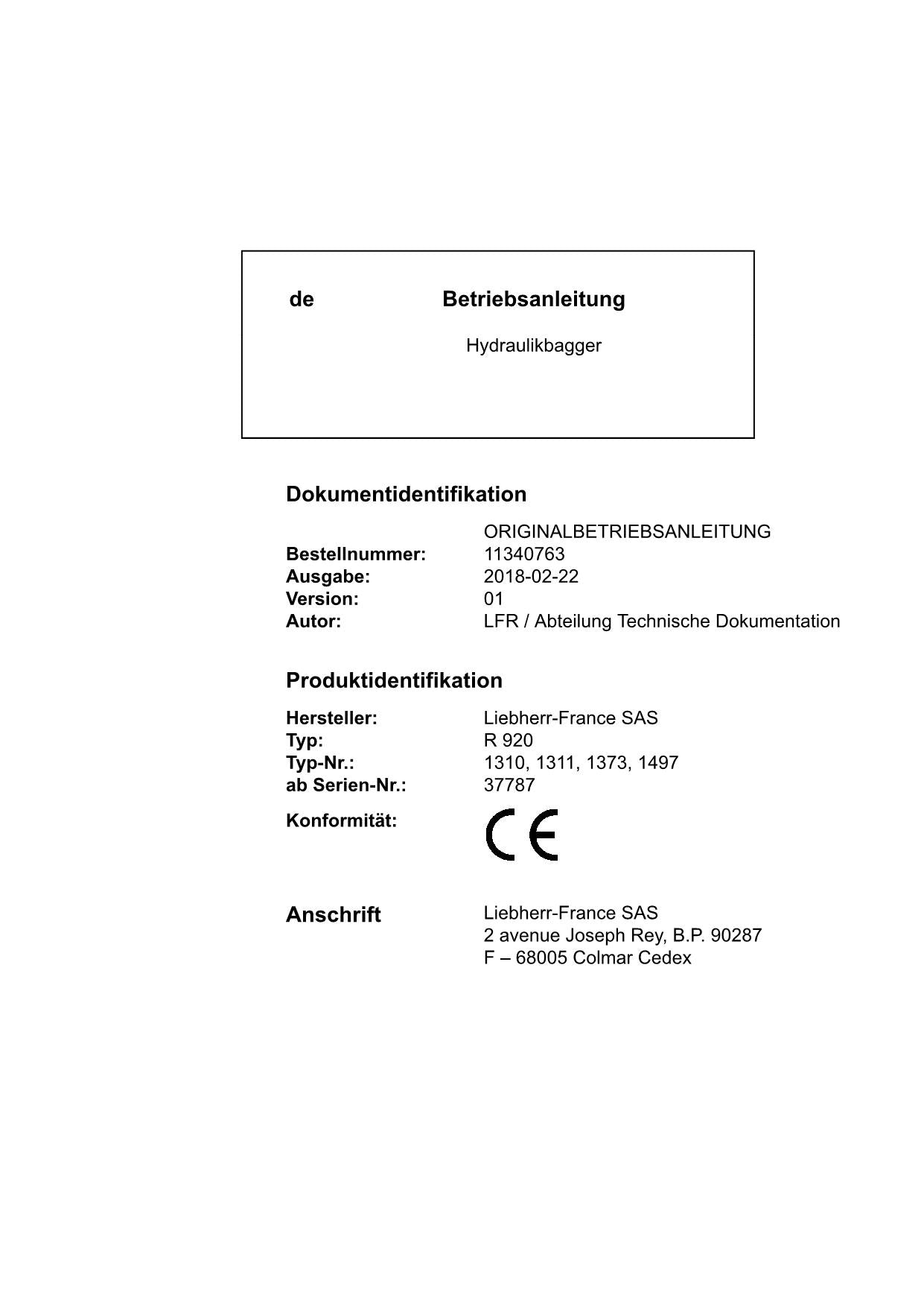 Liebherr R920 Hydraulikbagger Manuel d'instructions