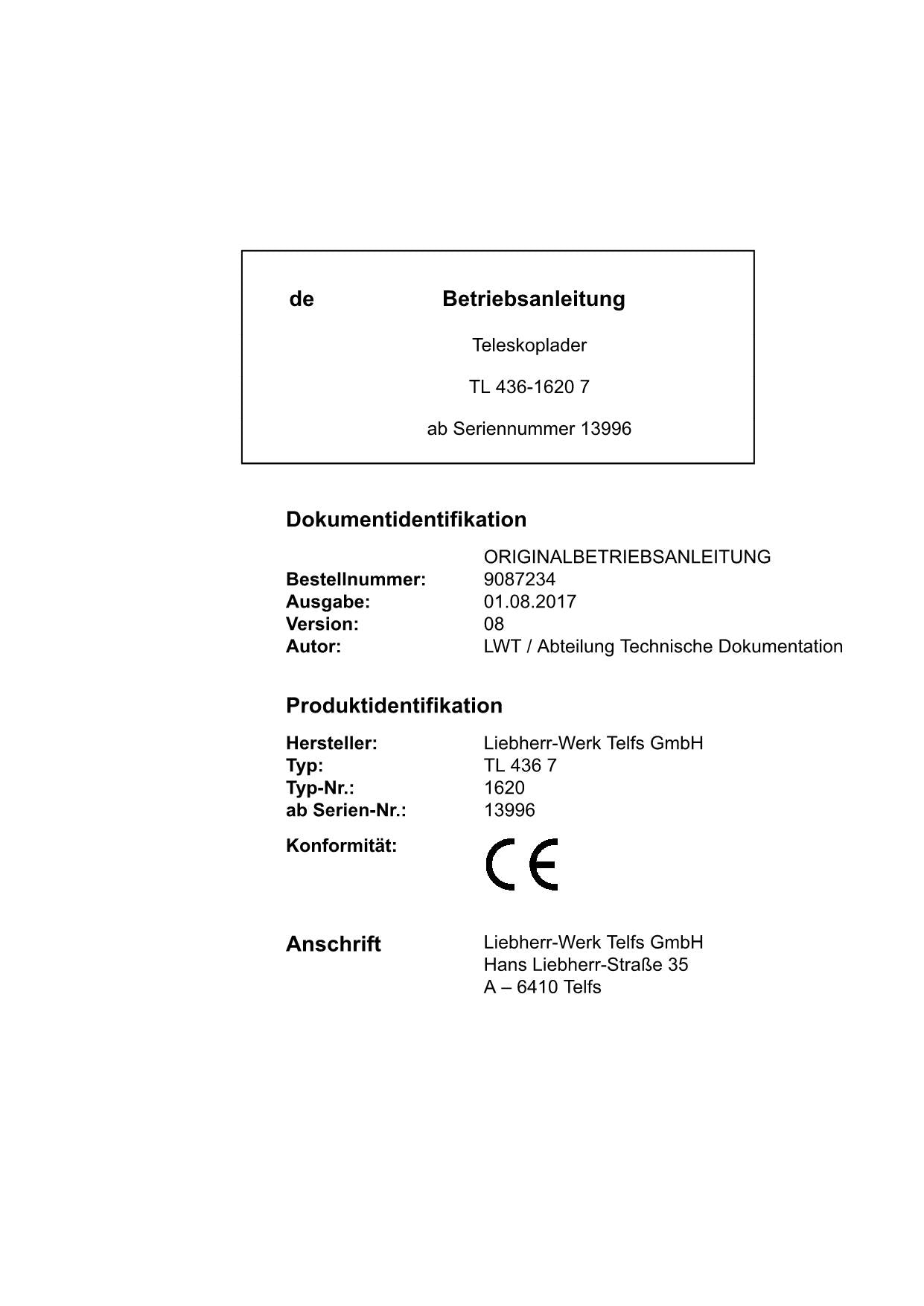 Liebherr TL436 7 Teleskoplader Betriebsanleitung