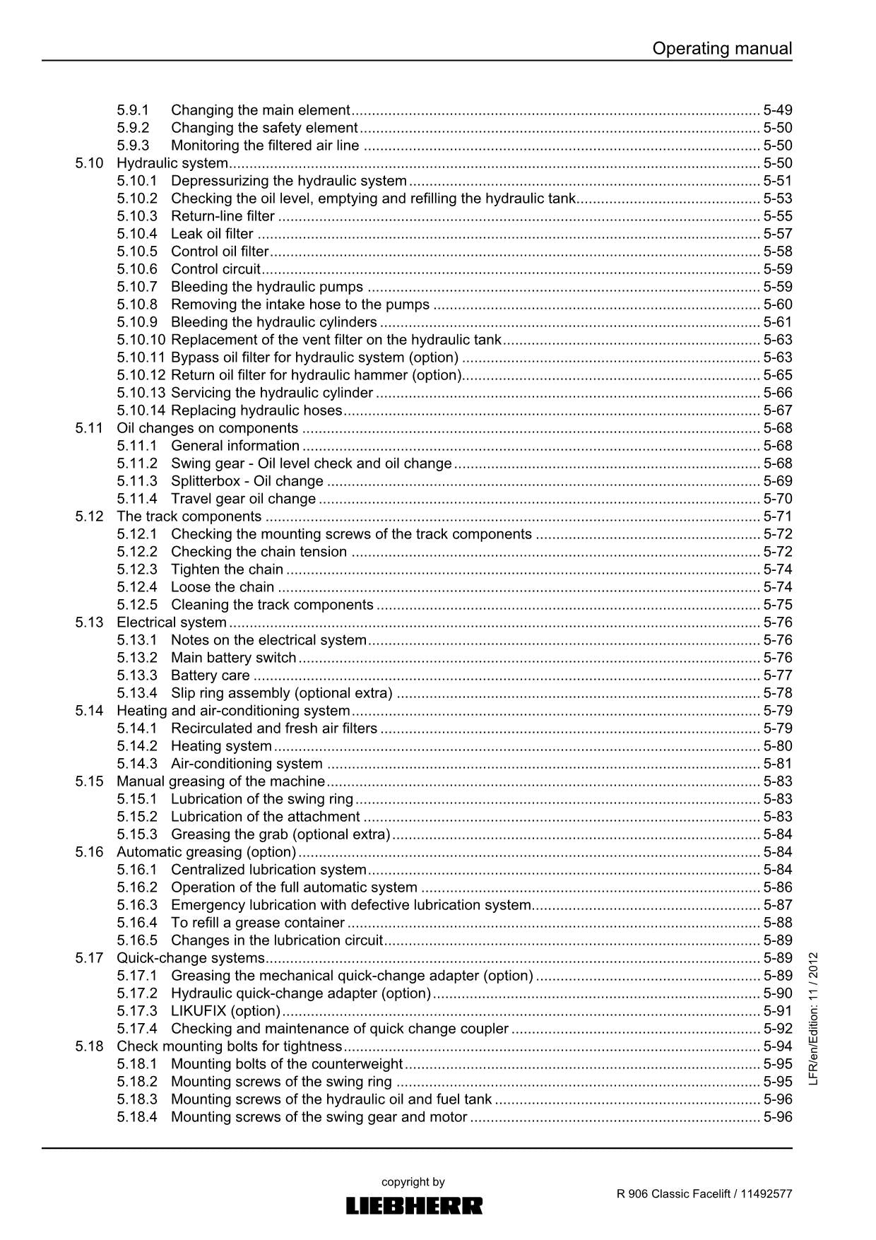 Liebherr R906 Classic Facelift Excavator Operators manual