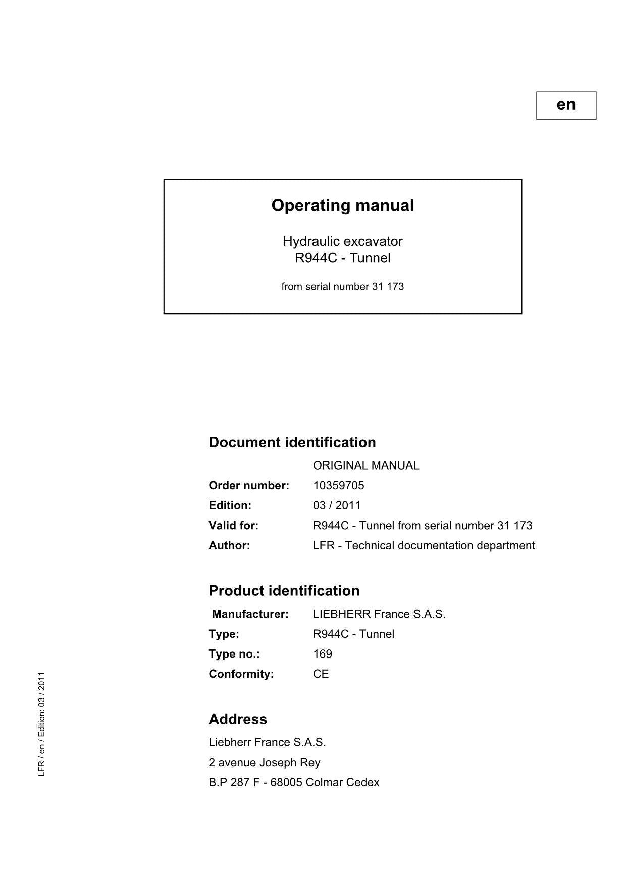 Liebherr R944 C Tunnel Excavator Operators manual serial 31173