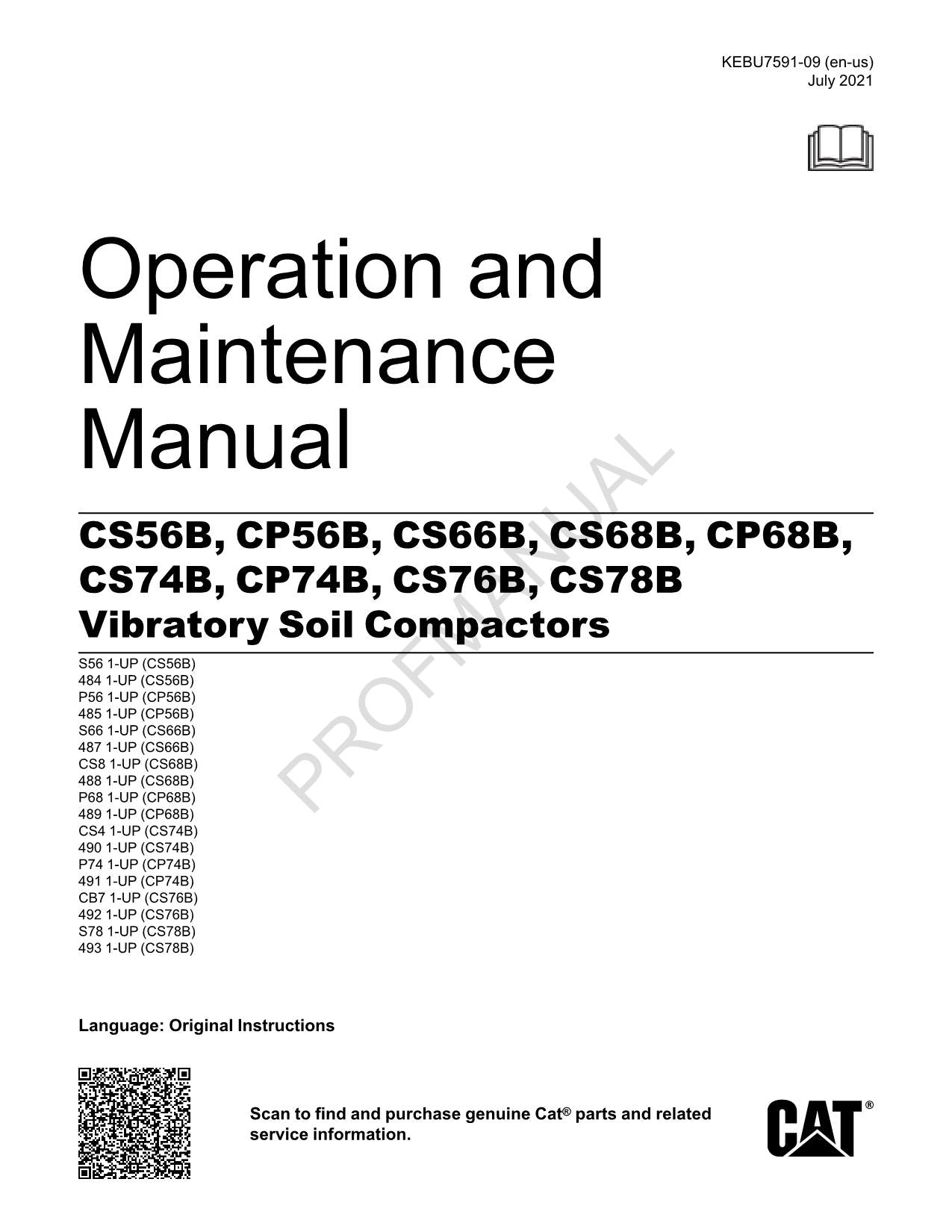 Caterpillar CS56B CP56B CS66B CS68B Vibratory Compactor Operators Manual