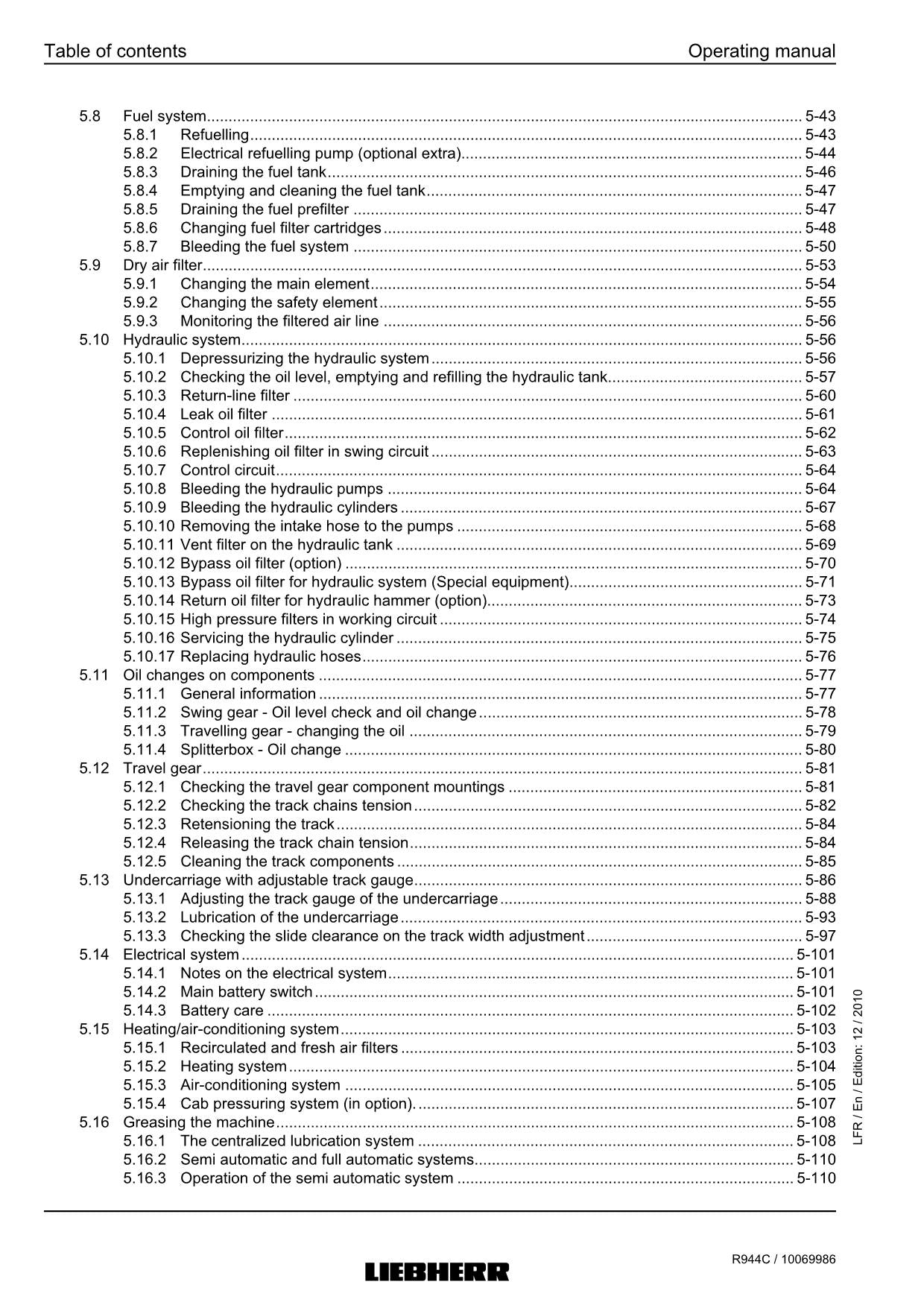 Liebherr R944 C Excavator Operators manual serial 27700