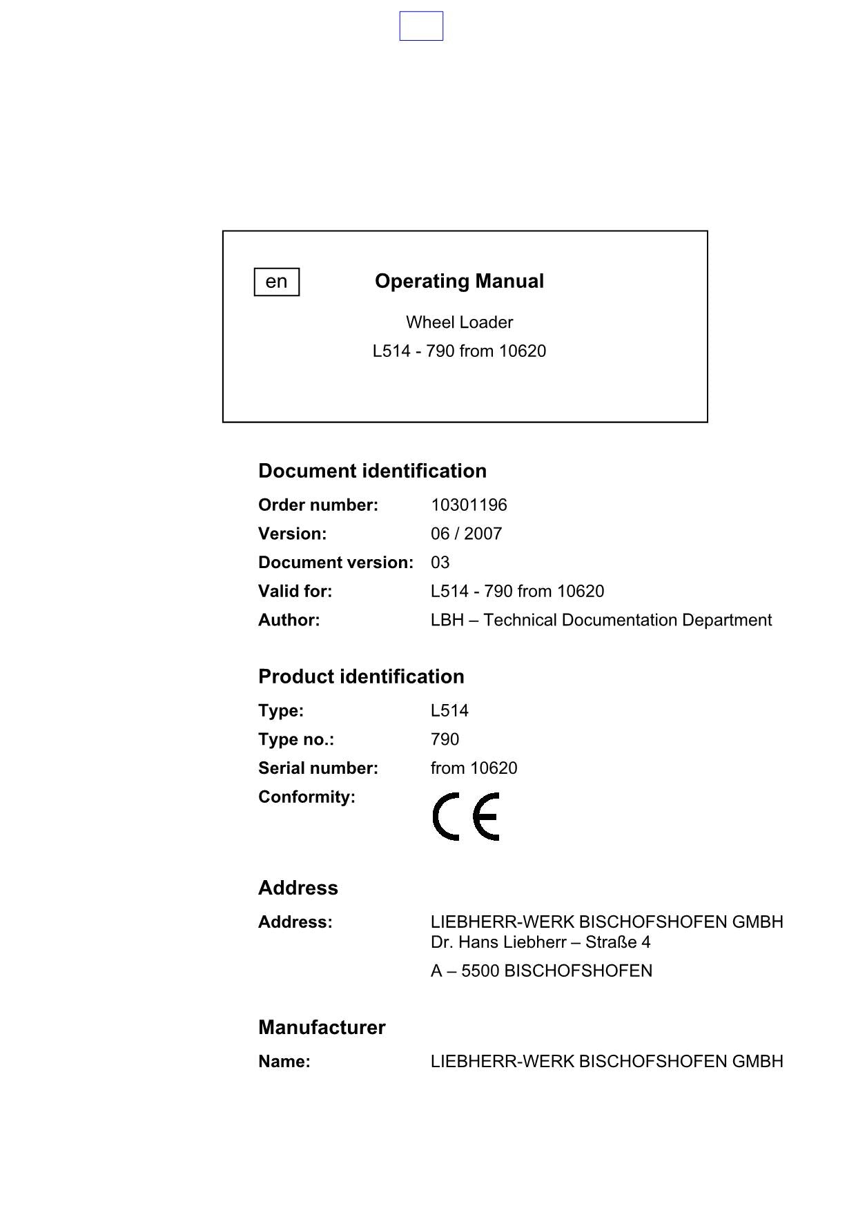 Liebherr L514 Wheel Loader Operators manual