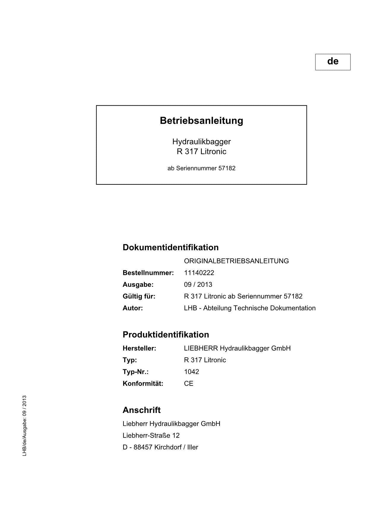 Liebherr R317 Litronic Hydraulikbagger Manuel d'instructions 11140222