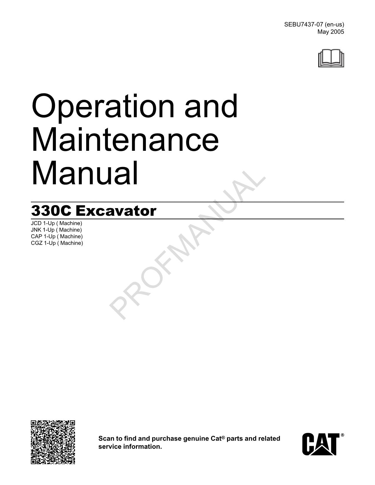 Caterpillar 330C Excavator Operators Maintenance Manual SEBU7437