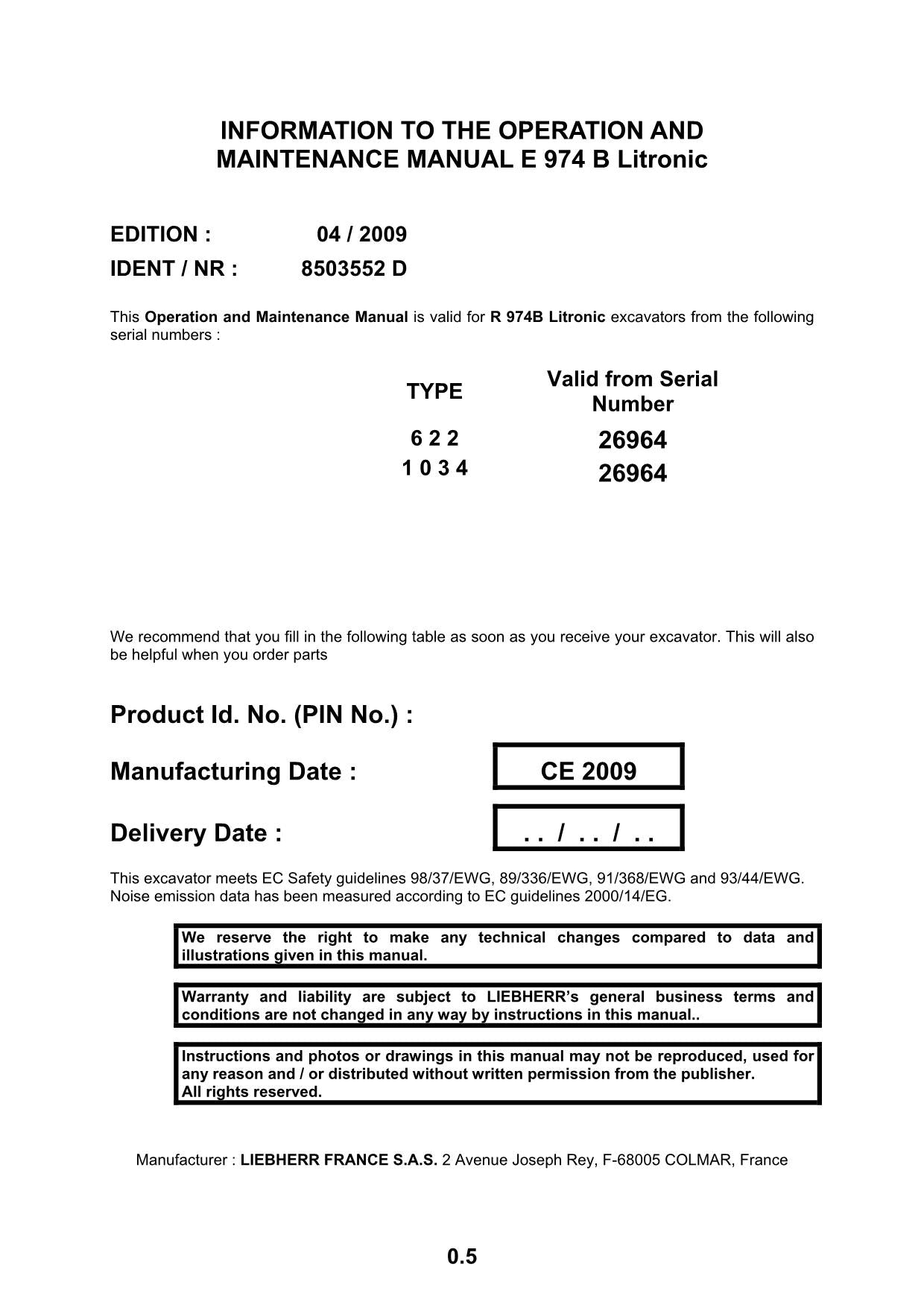 Manuel d'utilisation de la pelle Liebherr E974 B Litronic, numéro de série 26964