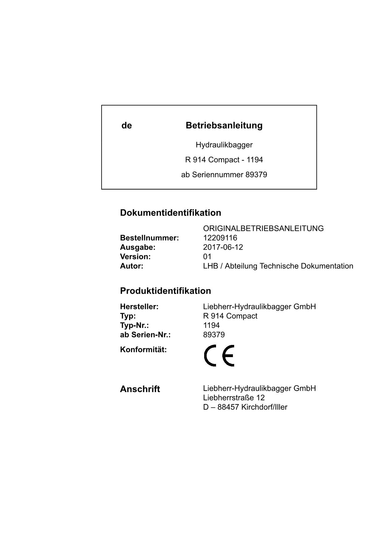 Liebherr R914 Compact 1194 Hydraulikbagger Betriebsanleitung