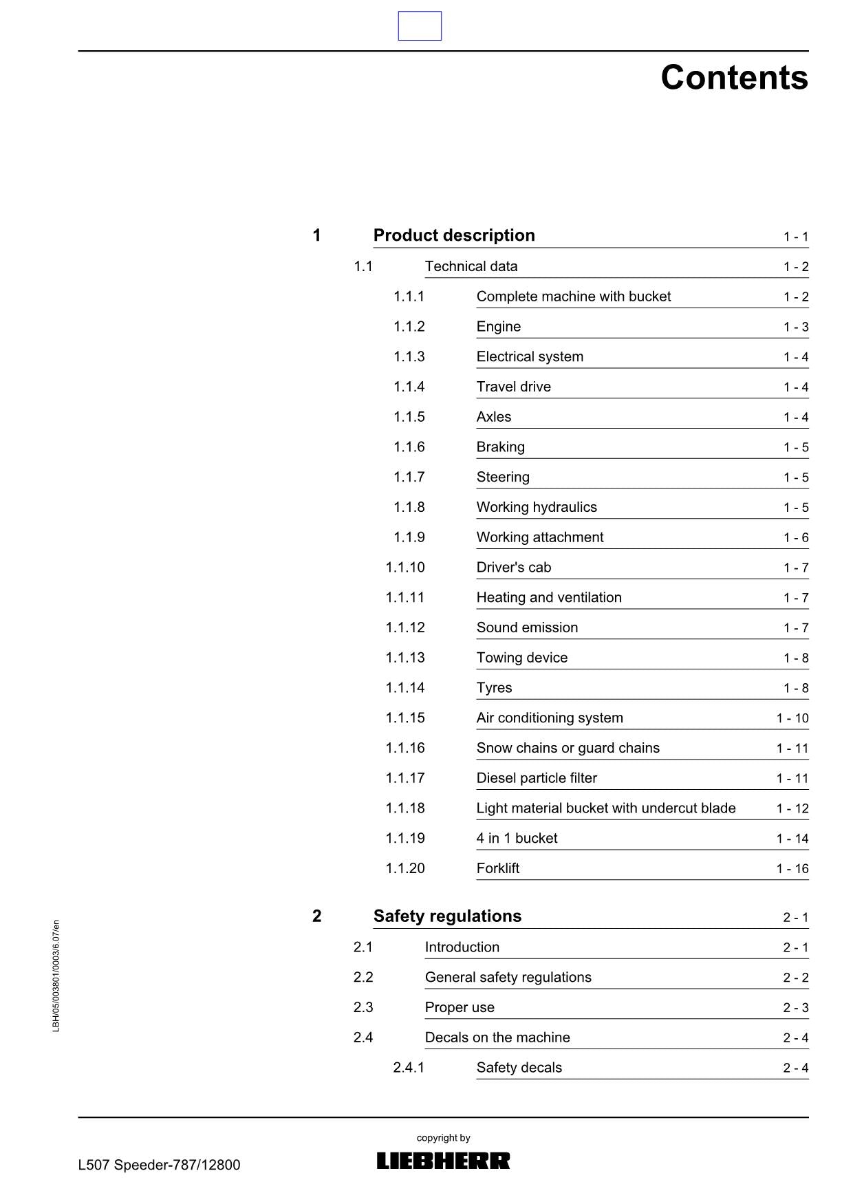 Liebherr L507 Speeder Wheel Loader Operators manual