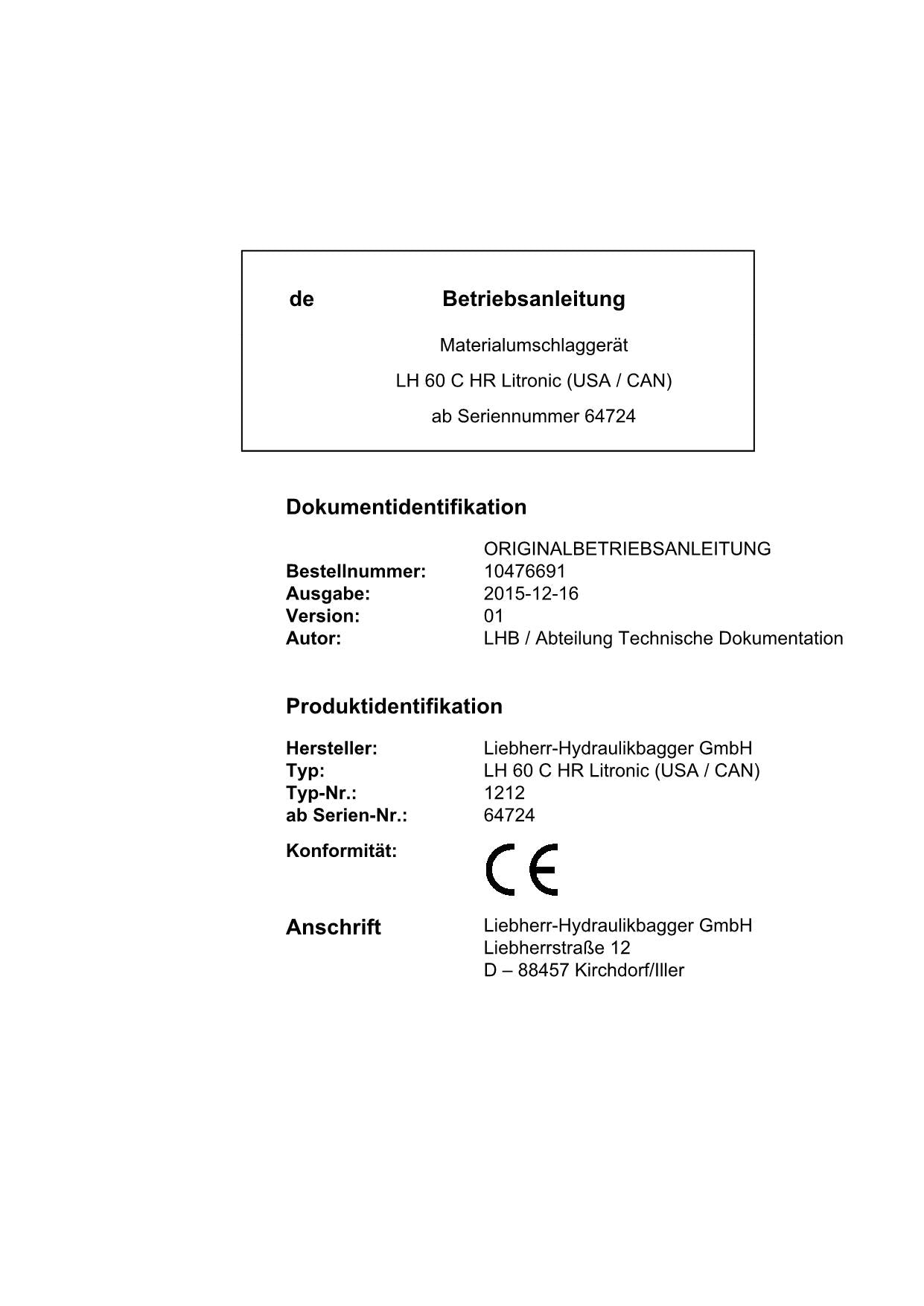 Liebherr LH60 C HRLitronic USACAN Materialumschlaggerät Betriebsanleitung