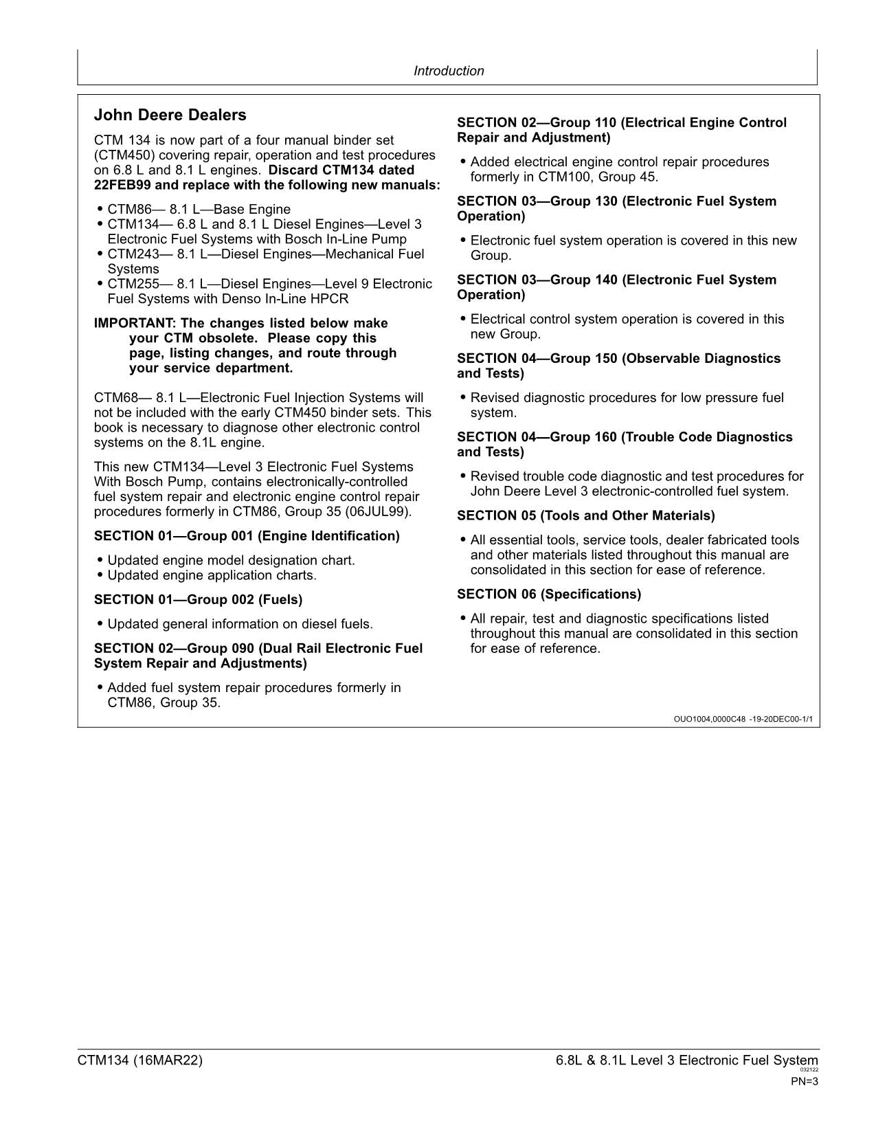 John Deere 6.8L 8.1L Engine Fuel System REPAIR SERVICE TECHNICAL MANUAL CTM134