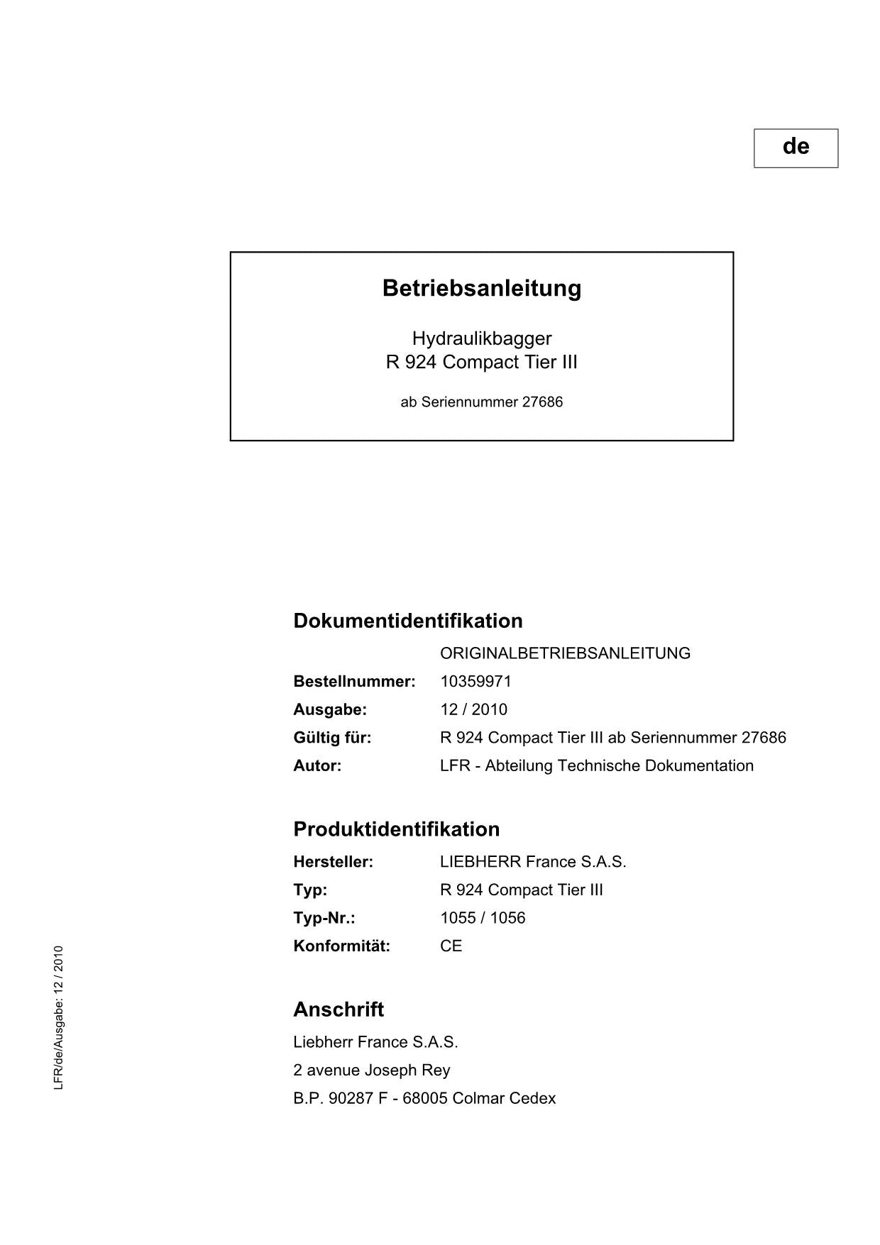 Liebherr R924 CompacTTieRIII Hydraulikbagger Betriebsanleitung ser 27686