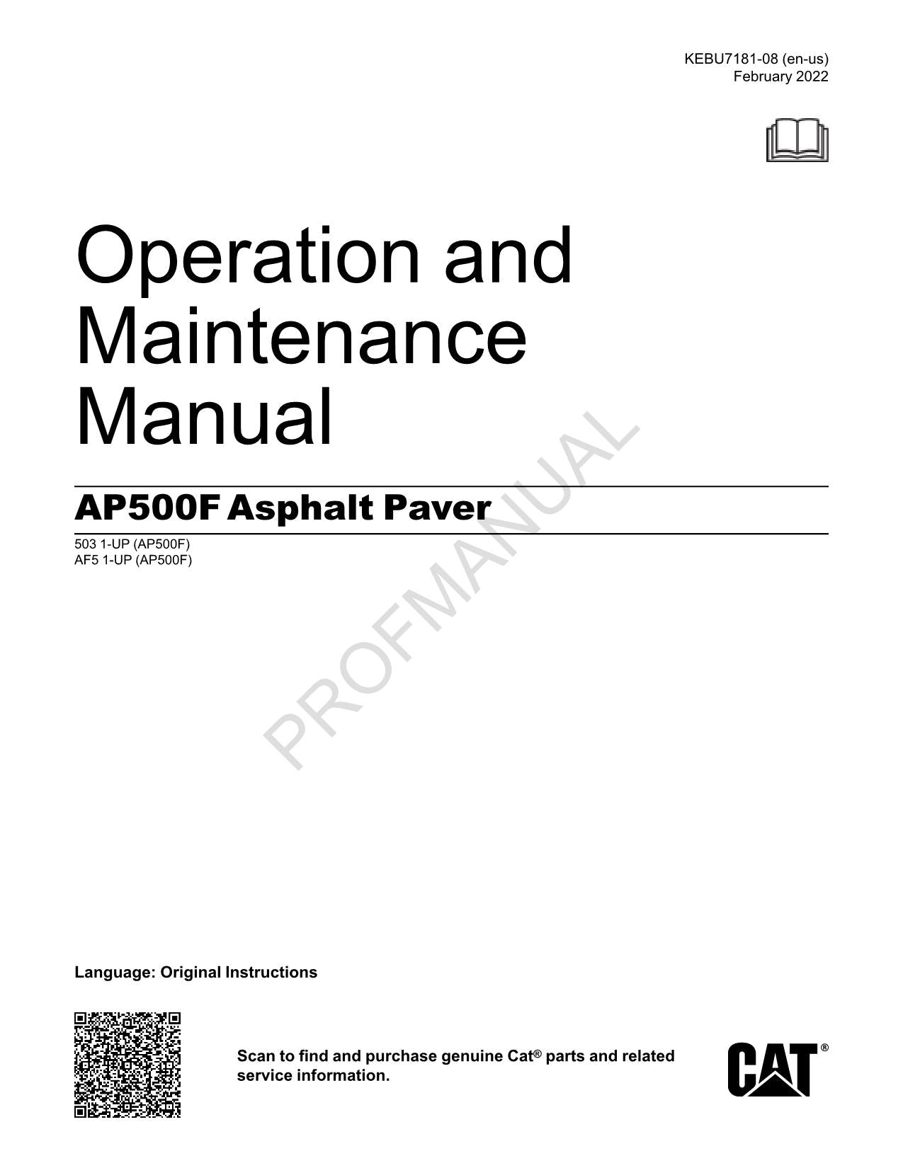 Caterpillar AP500F Asphalt Paver Operators Maintenance Manual 5031-Up AF51-Up