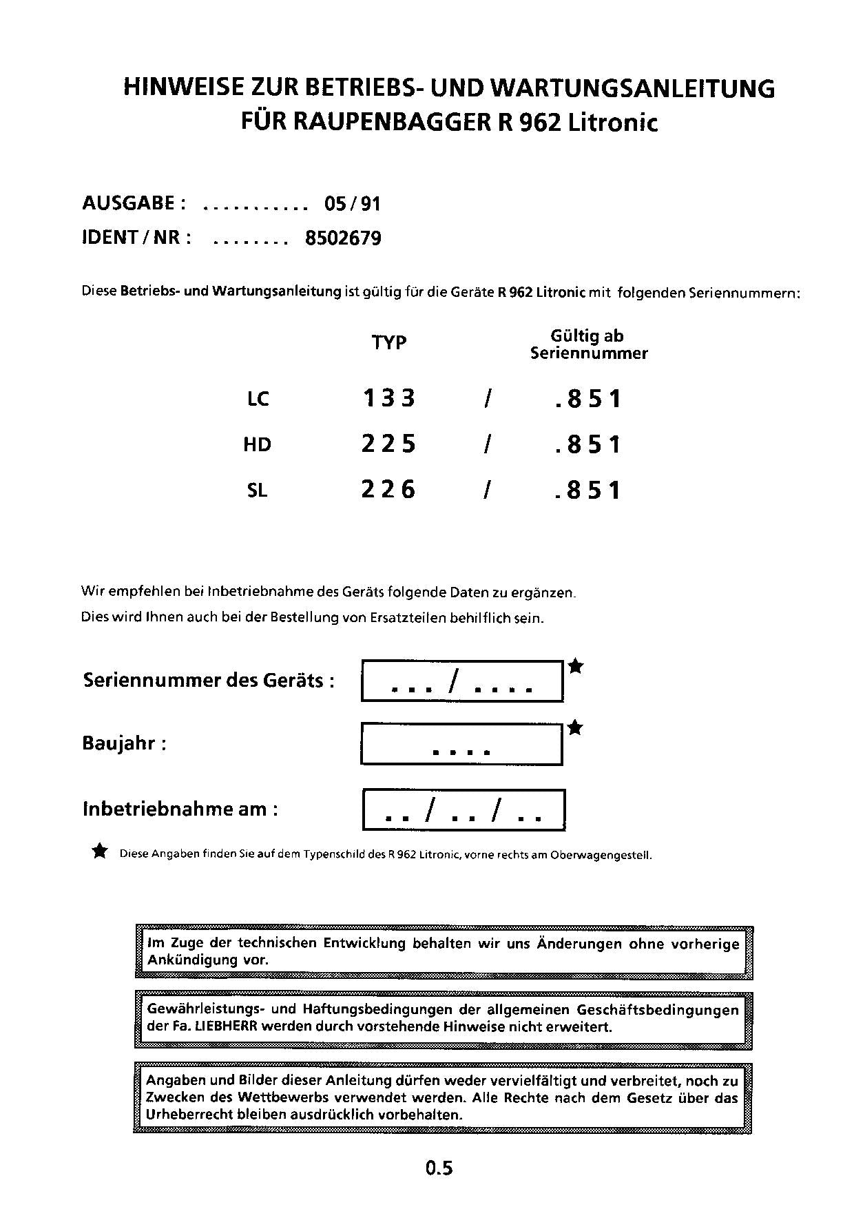 Liebherr R962 Litronic Hydraulikbagger Manuel d'instructions Manuel d'entretien