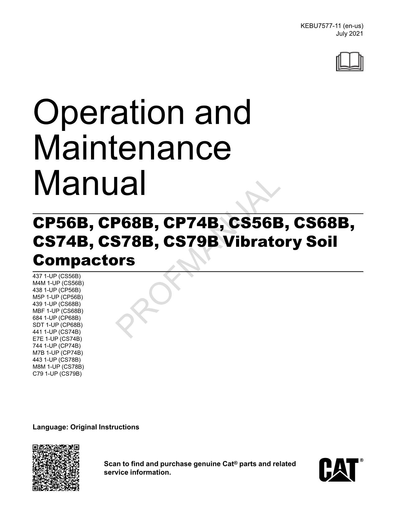 Caterpillar CP56B CS56B CP68B CS68B Vibratory Soil Compactor Operators Manual