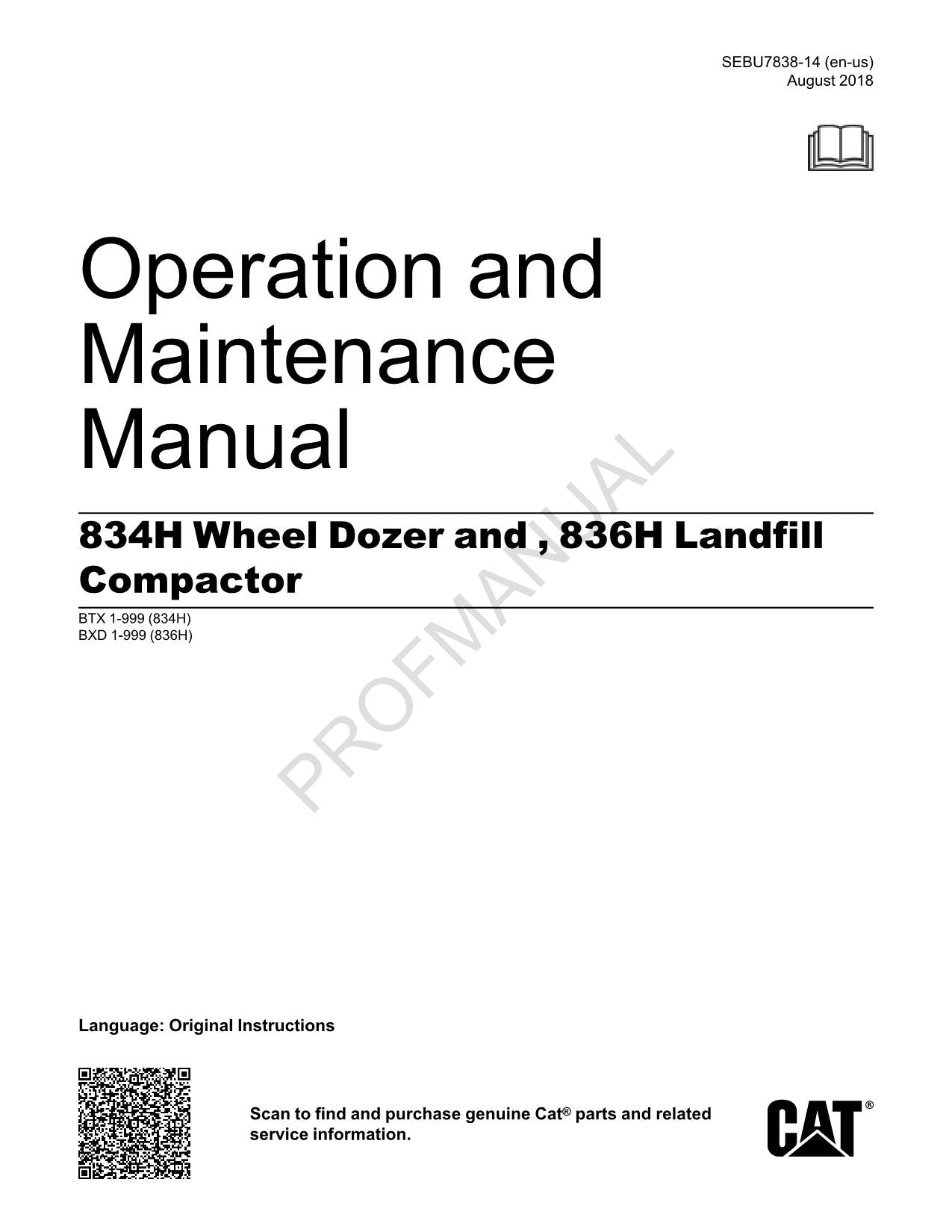 Caterpillar 834H Wheel Dozer 836H Landfill Compactor Operators Manual SEBU7838