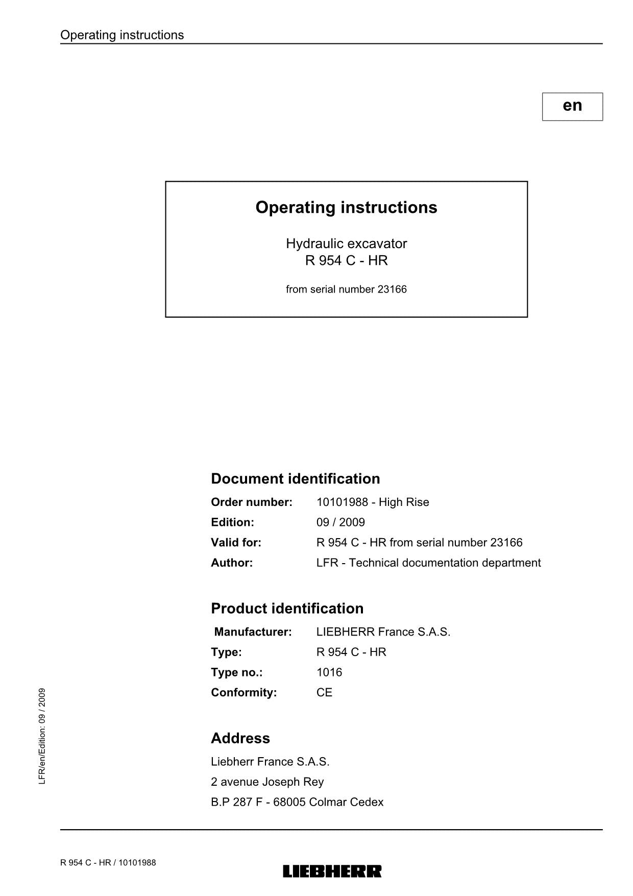 Manuel d'utilisation de la pelle hydraulique Liebherr R954 C - HR