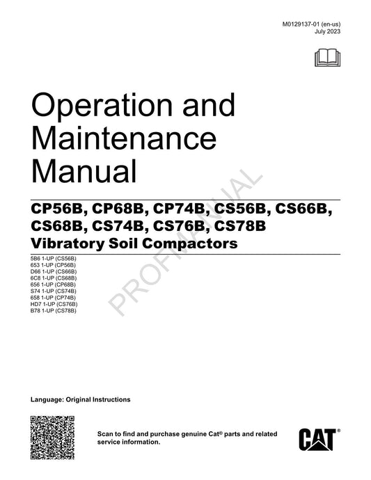 Caterpillar CP56B CP68B CP74B CS56B Vibratory Soil Compactor Operators Manual