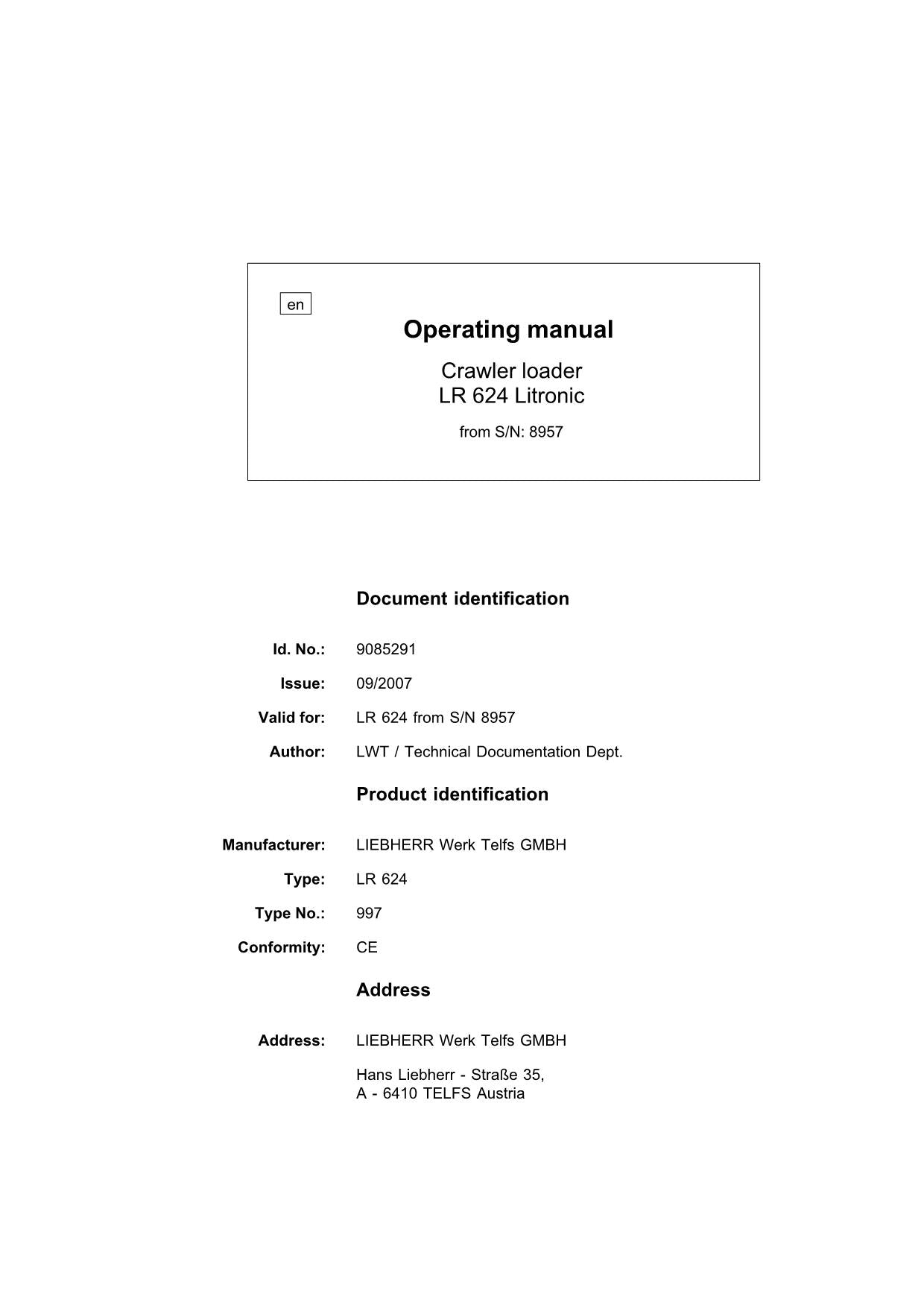 Manuel d'utilisation de la chargeuse sur chenilles Liebherr LR624 Litronic 9085291 série 8957