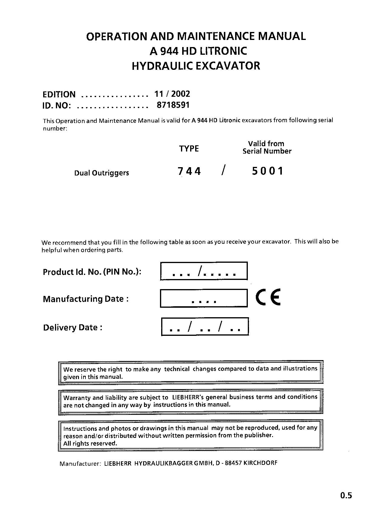 Liebherr A944 HD Litronic Excavator Operators manual