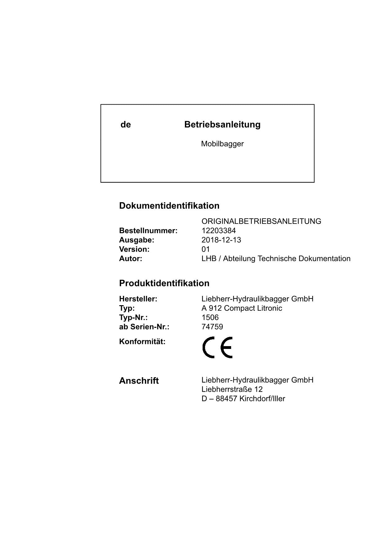 Liebherr A912 Compact Litronic Mobilbagger Manuel d'instructions