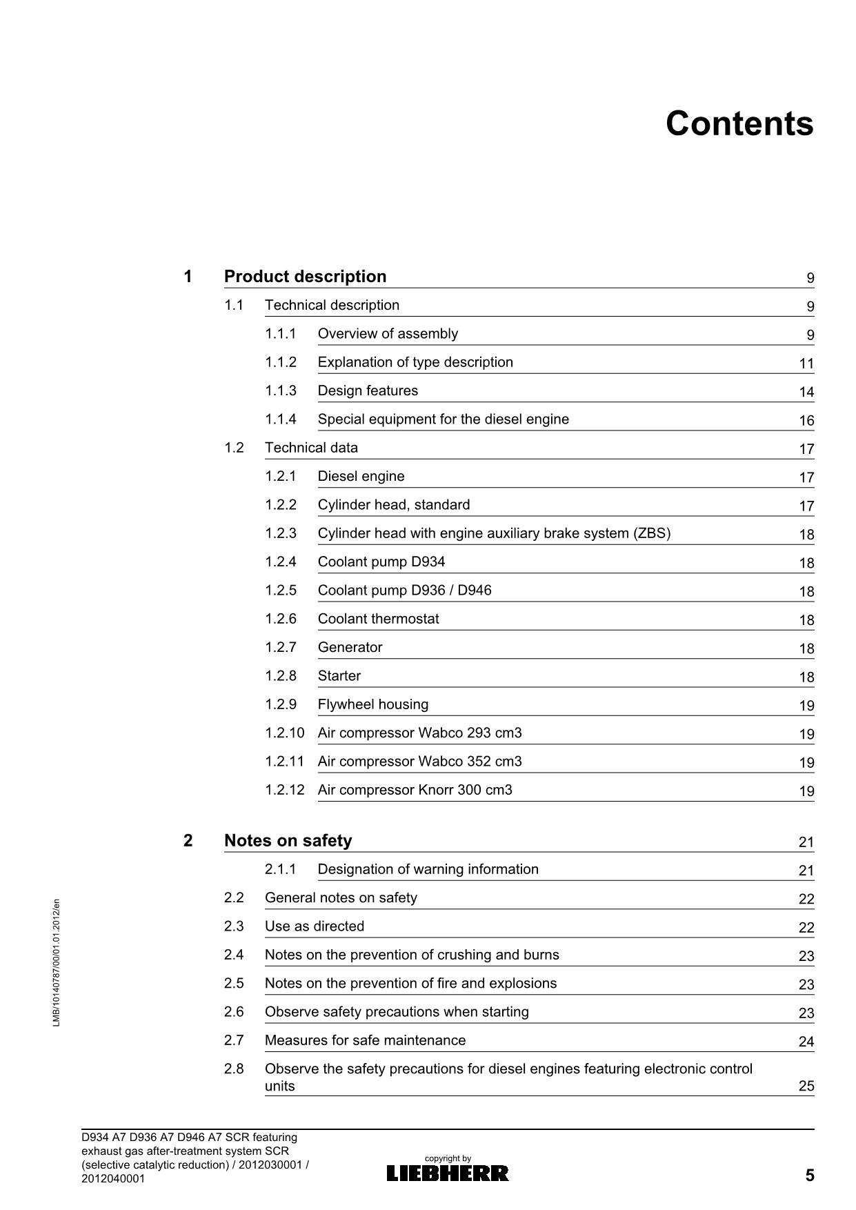 Liebherr D934 D936 D946 SCR featuring exhaust gas engine Operators manual